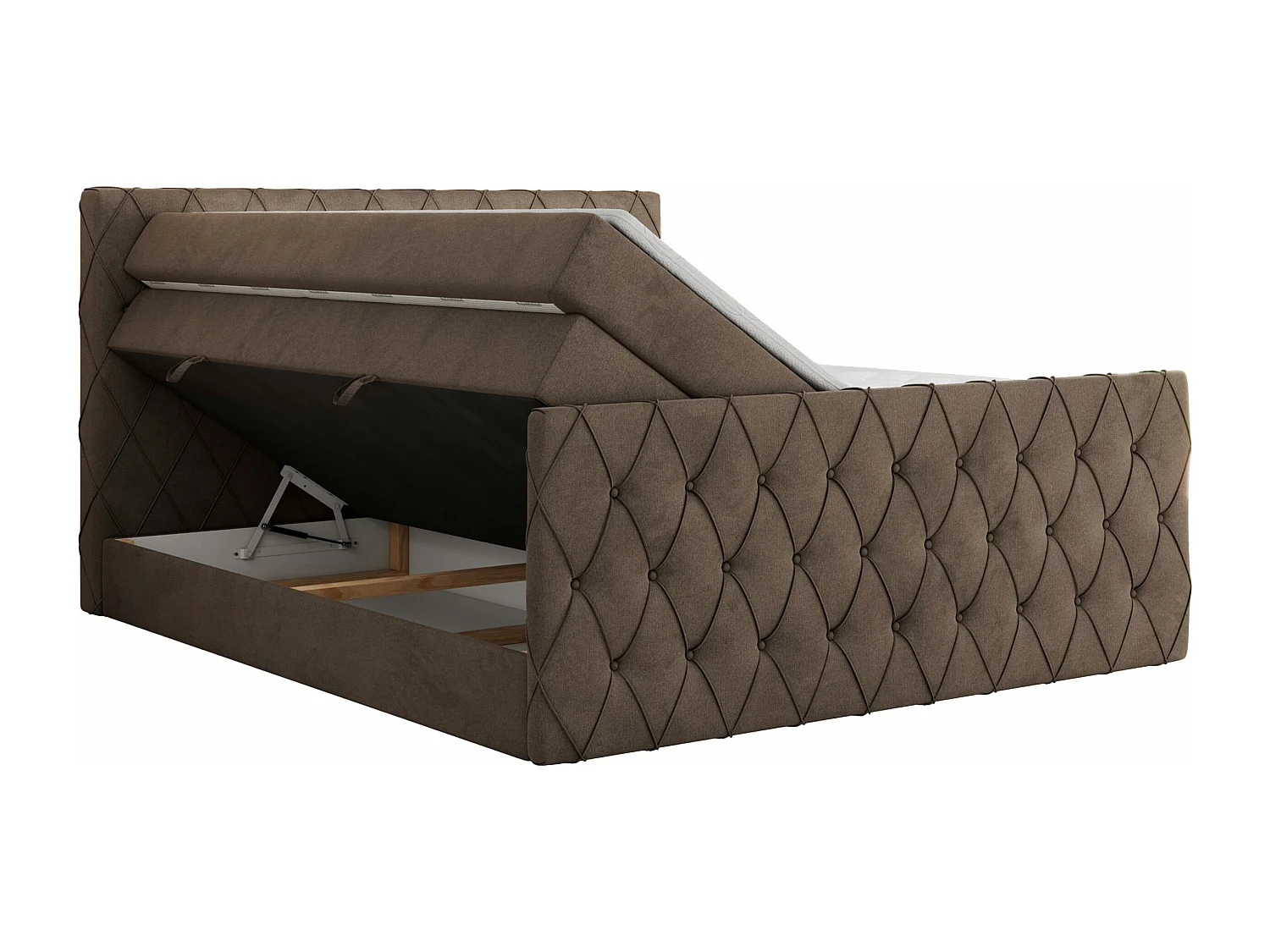 Boxspringbett MIREN KING DUO - für Schlafzimmer mit zwei Multipocket-Matratzen und Topper, gestepptes Kopfteil und Front  - 180x200 cm - H4 - Braun Velvet