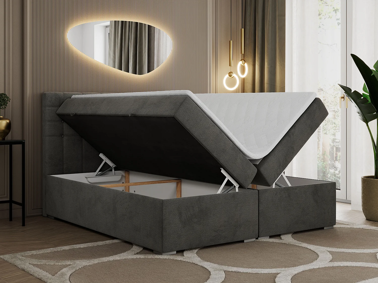 Boxspringbett SUSAN - mit gestepptem Kopfteil, zwei Bettkästen und Topper, gepolstertes Schlafzimmerbett - 160x200 cm - H4 - Dunkelgrau Velvet