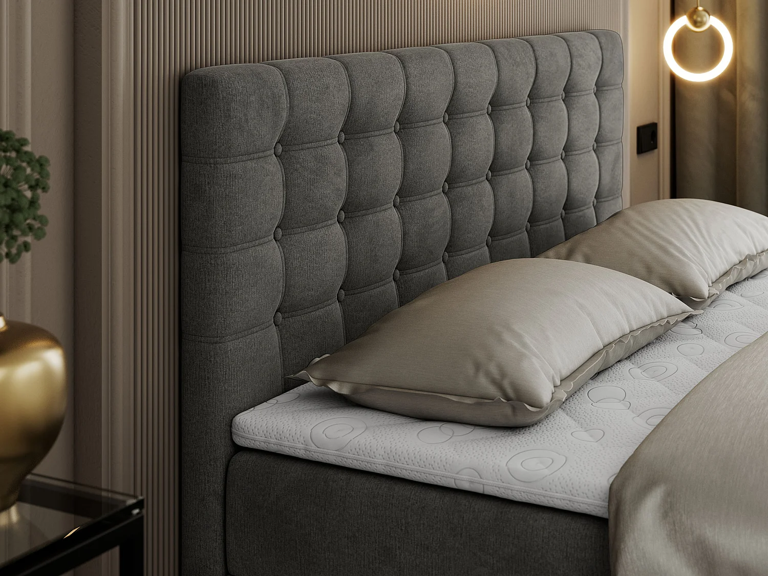 Boxspringbett SUSAN - mit gestepptem Kopfteil, zwei Bettkästen und Topper, gepolstertes Schlafzimmerbett - 160x200 cm - H4 - Dunkelgrau Velvet