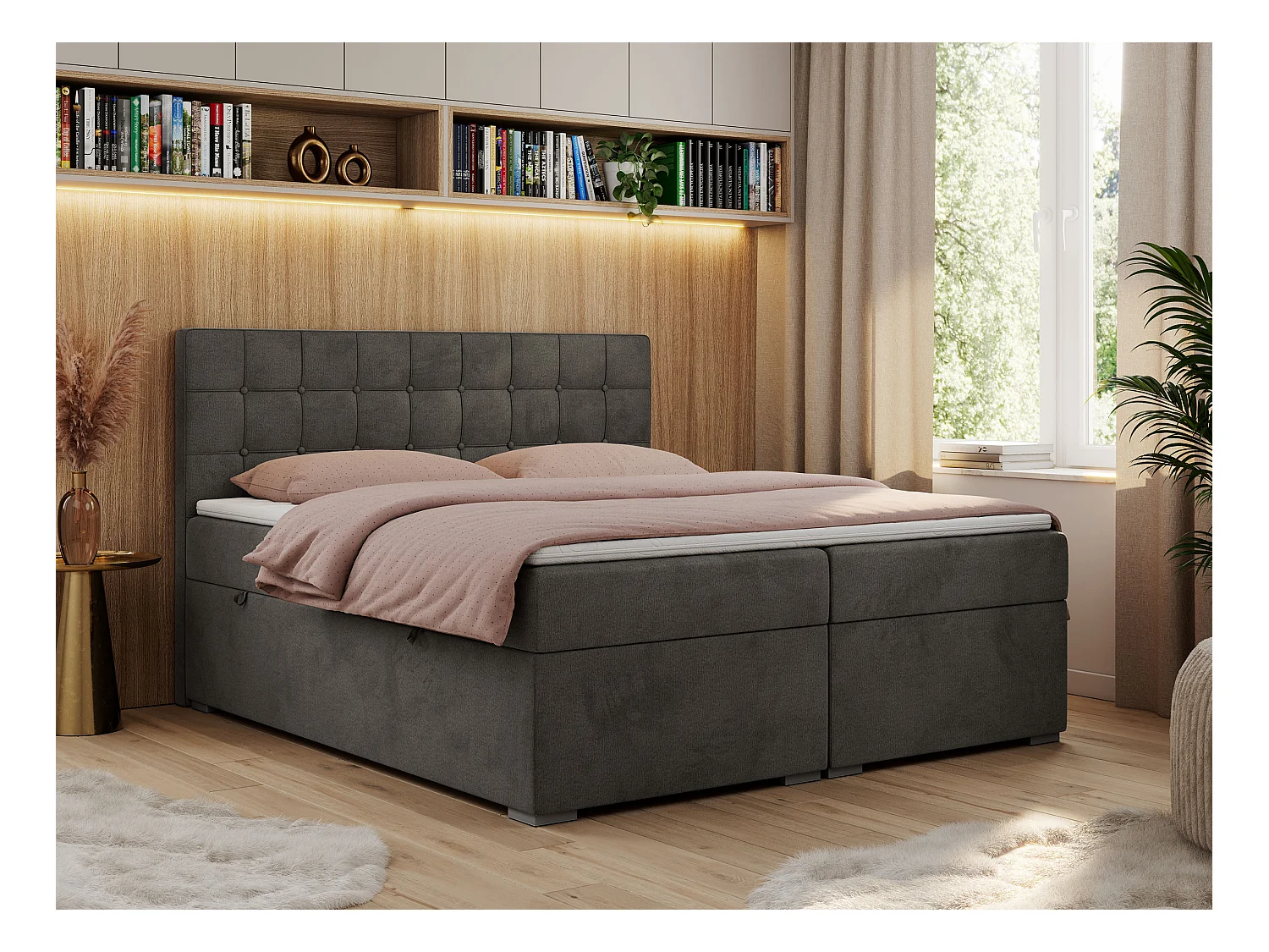 Boxspringbett CARMEN - Polsterbett mit zwei Bettkästen, gesteppte Kopfstütze, Multipocket-Matratze - 140x200 cm - H4 - Dunkelgrau Velvet