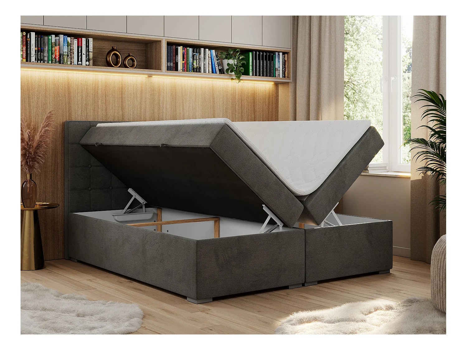 Boxspringbett CARMEN - Polsterbett mit zwei Bettkästen, gesteppte Kopfstütze, Multipocket-Matratze - 140x200 cm - H4 - Dunkelgrau Velvet