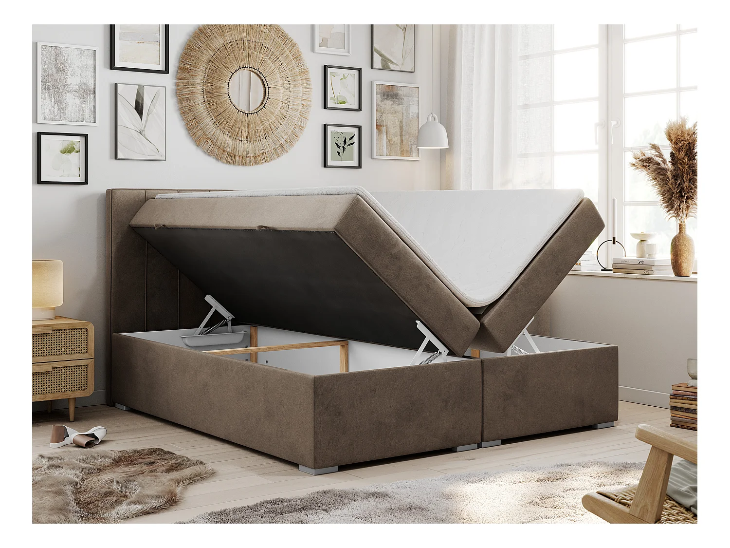 Boxspringbett ALLY - gestreiftes, genähtes Kopfteil, zwei Bettkästen, Multipocket-Matratzen, Praktisch Polsterbett - 180x200 cm - H4 - Braun Velvet