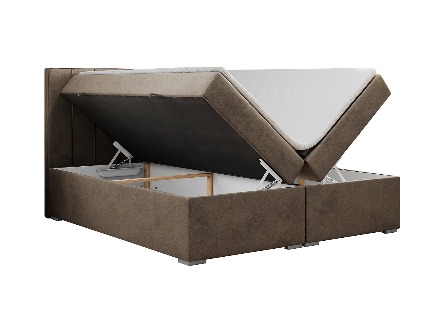 Boxspringbett ALLY - gestreiftes, genähtes Kopfteil, zwei Bettkästen, Multipocket-Matratzen, Praktisch Polsterbett - 180x200 cm - H4 - Braun Velvet