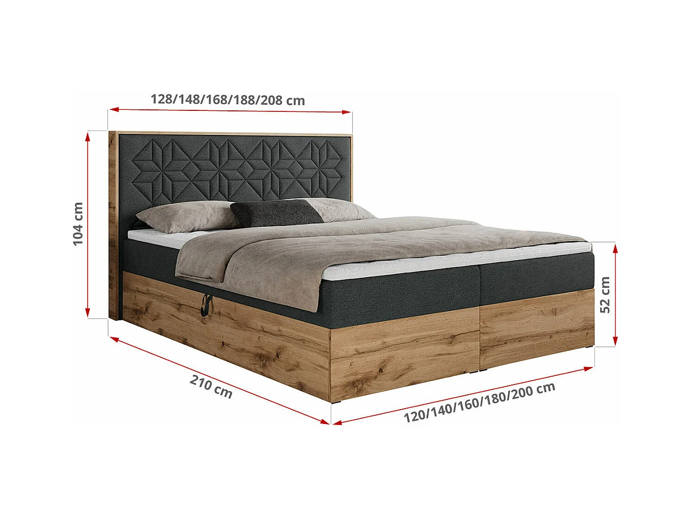 Boxspringbett NESSI - mit hoher Kopfstütze, Multipocket-Matratze und Topper, Doppelbett mit Bettkästen - 200x200 cm - H3 - Dunkelgrau Strukture