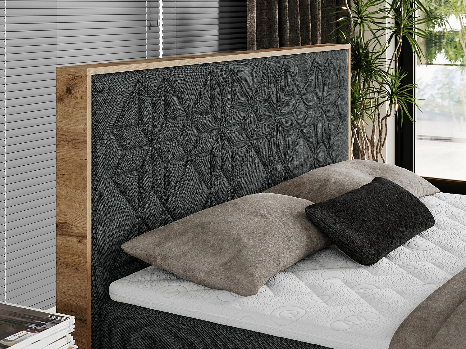 Boxspringbett NESSI - mit hoher Kopfstütze, Multipocket-Matratze und Topper, Doppelbett mit Bettkästen - 200x200 cm - H3 - Dunkelgrau Strukture