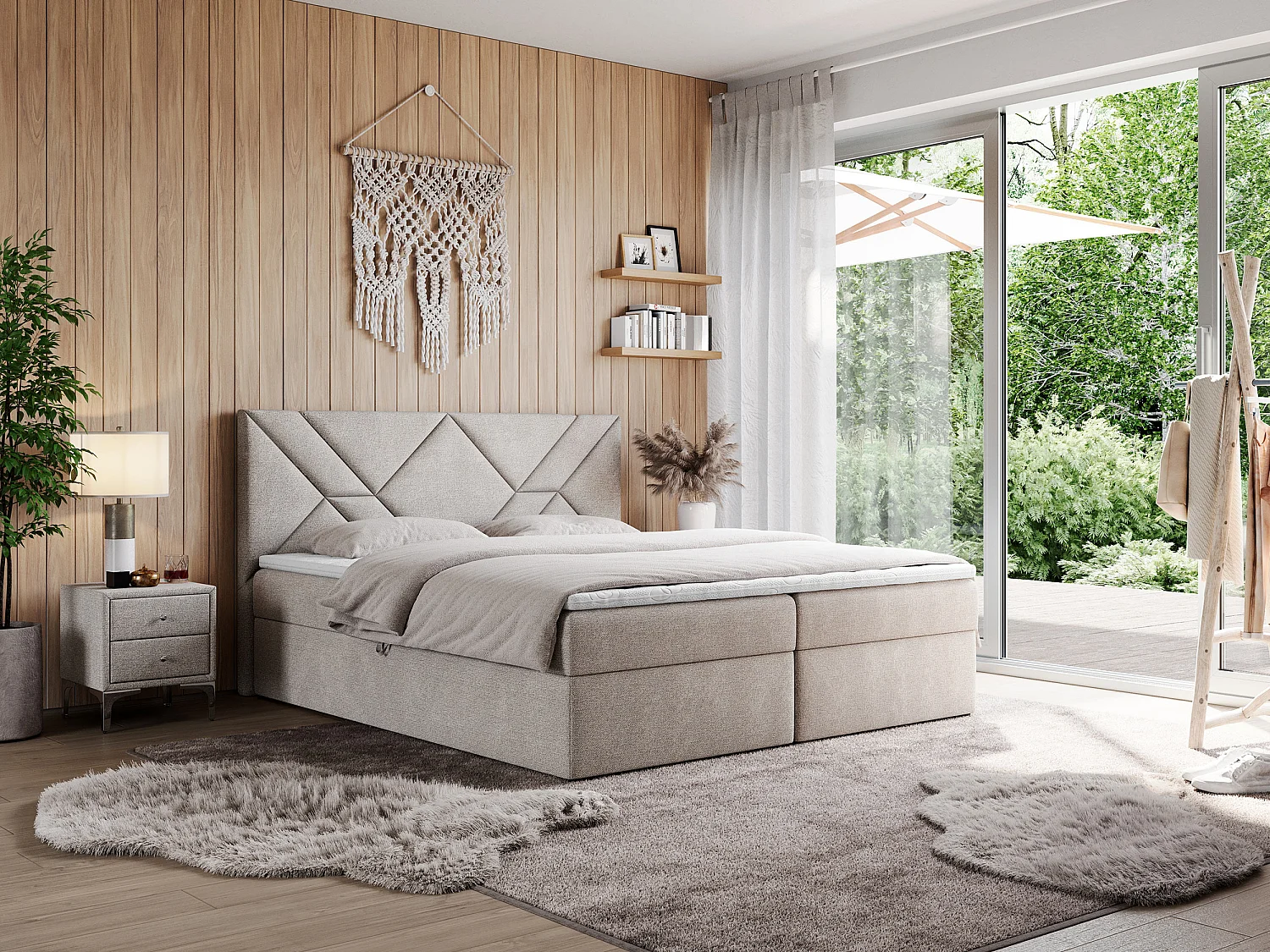 Boxspringbett NEOMI - dekorativem Kopfteil, Polsterbett mit Multipocket-Matratzen, zwei Bettkästen - 140x200 cm - H4 - Hellgrau Strukture