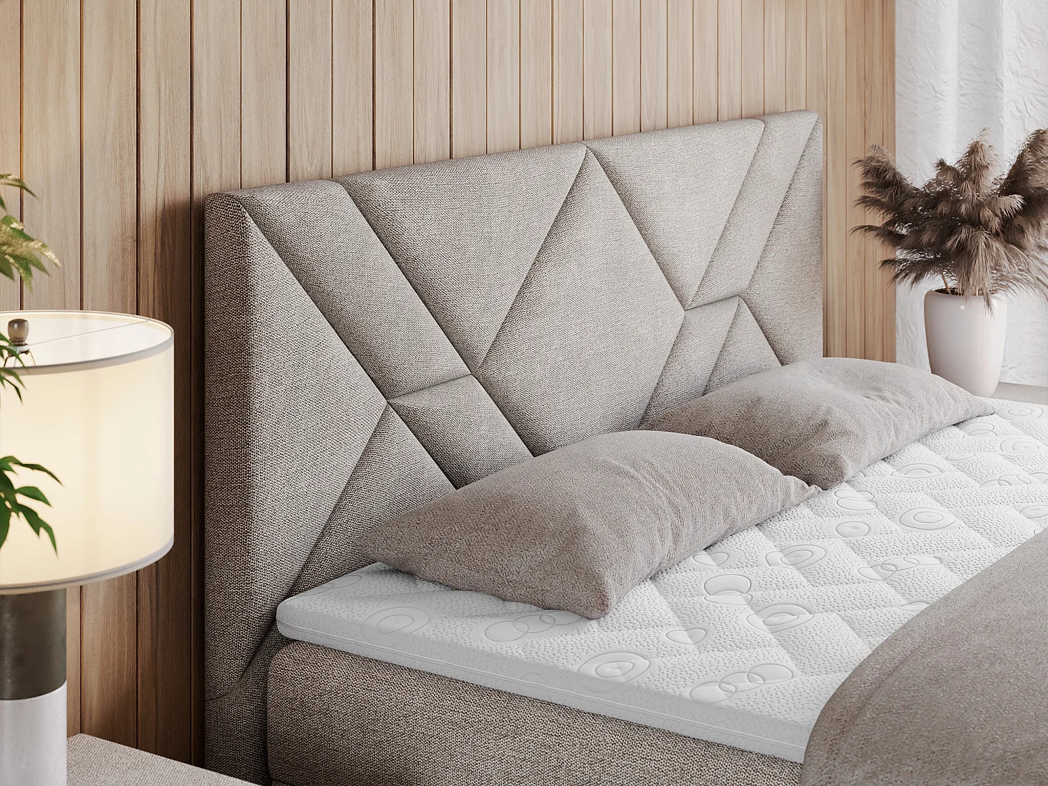 Boxspringbett NEOMI - dekorativem Kopfteil, Polsterbett mit Multipocket-Matratzen, zwei Bettkästen - 140x200 cm - H4 - Hellgrau Strukture