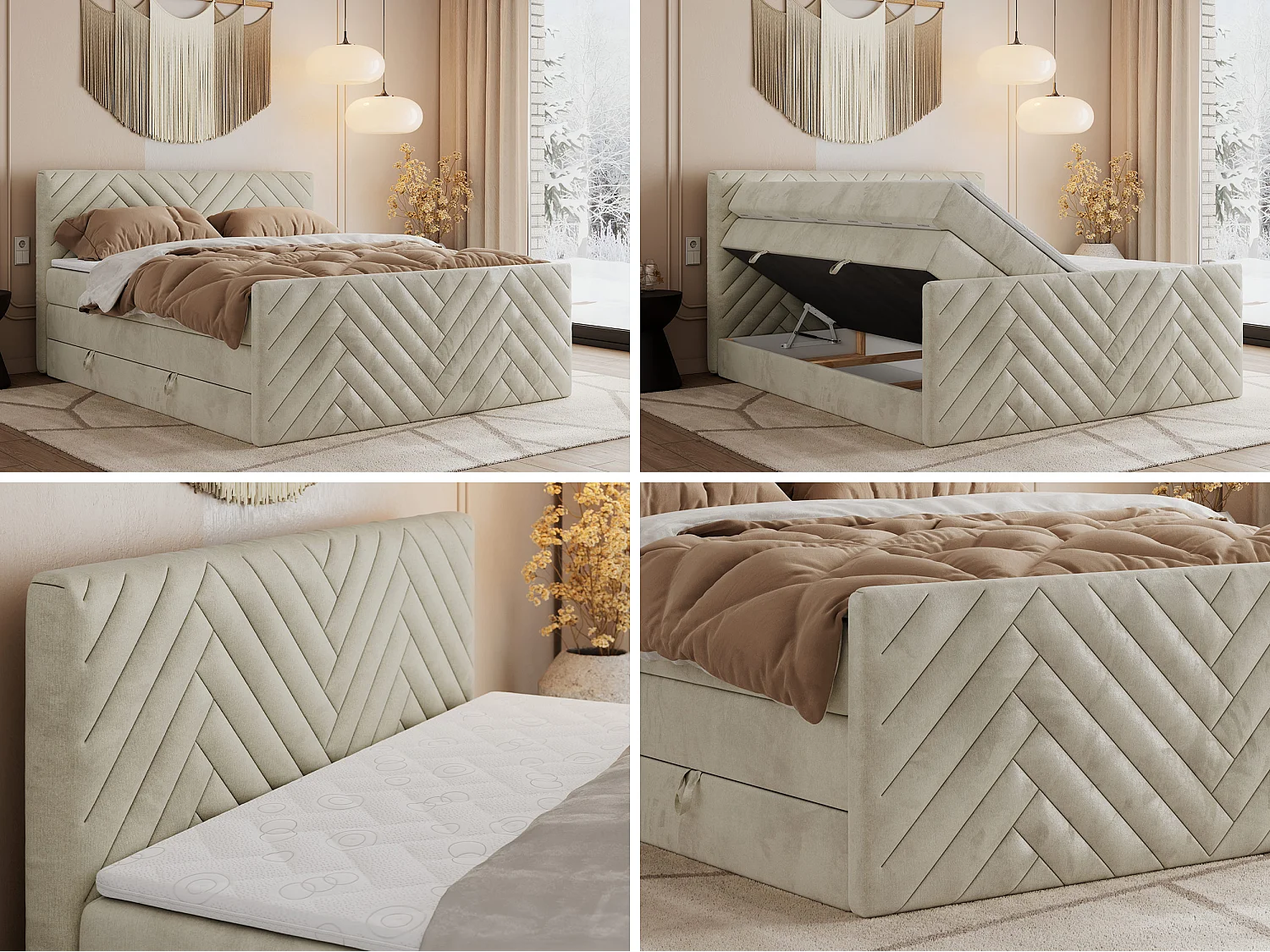 Boxspringbett PARIS KING DUO - dekorative Kopfstütze und Front, zwei Multipocket-Matratze mit Topper - 180x200 cm - H3 - Beige Velvet