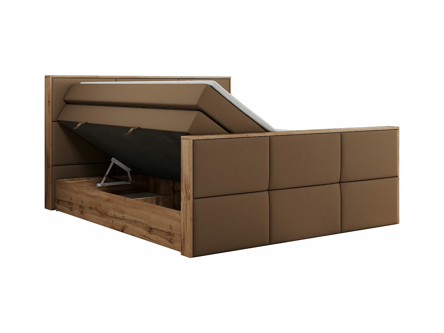 Boxspringbett ALBERO 2 KING DUO - Eiche Wotan Holzrahmen, zwei Multipocket-Matratzen, Bettkästen - 160x200 cm - H3 - Braun Kunstleder