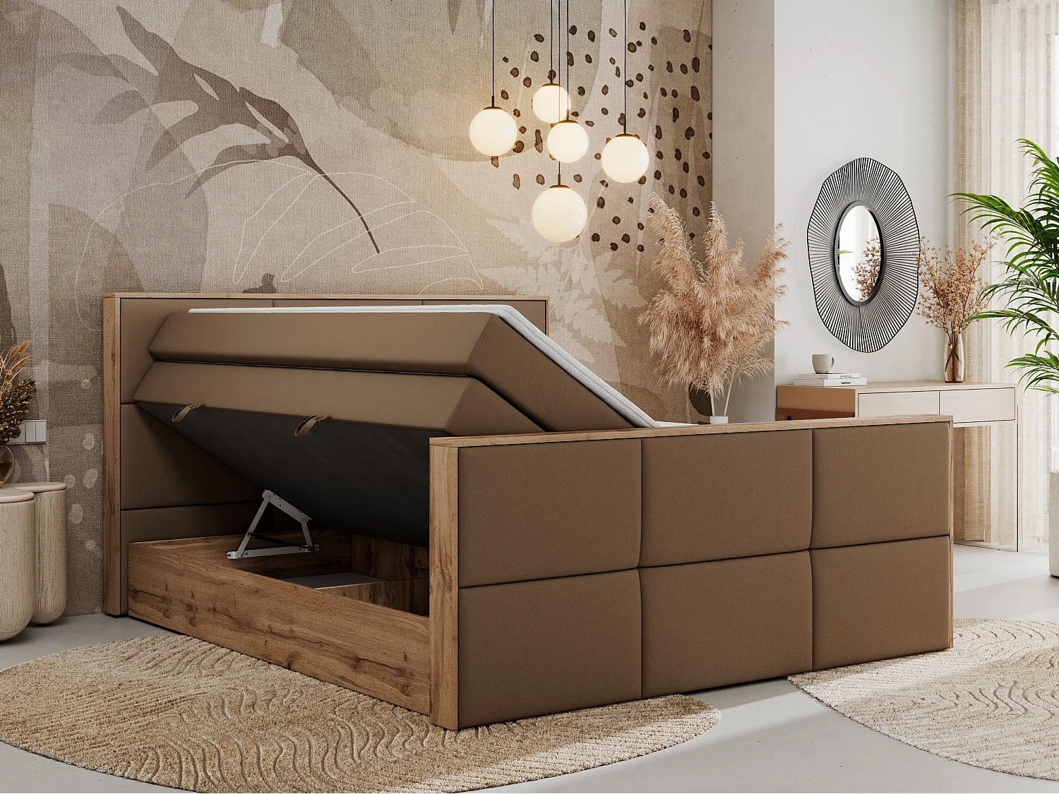 Boxspringbett ALBERO 2 KING DUO - Eiche Wotan Holzrahmen, zwei Multipocket-Matratzen, Bettkästen - 160x200 cm - H3 - Braun Kunstleder