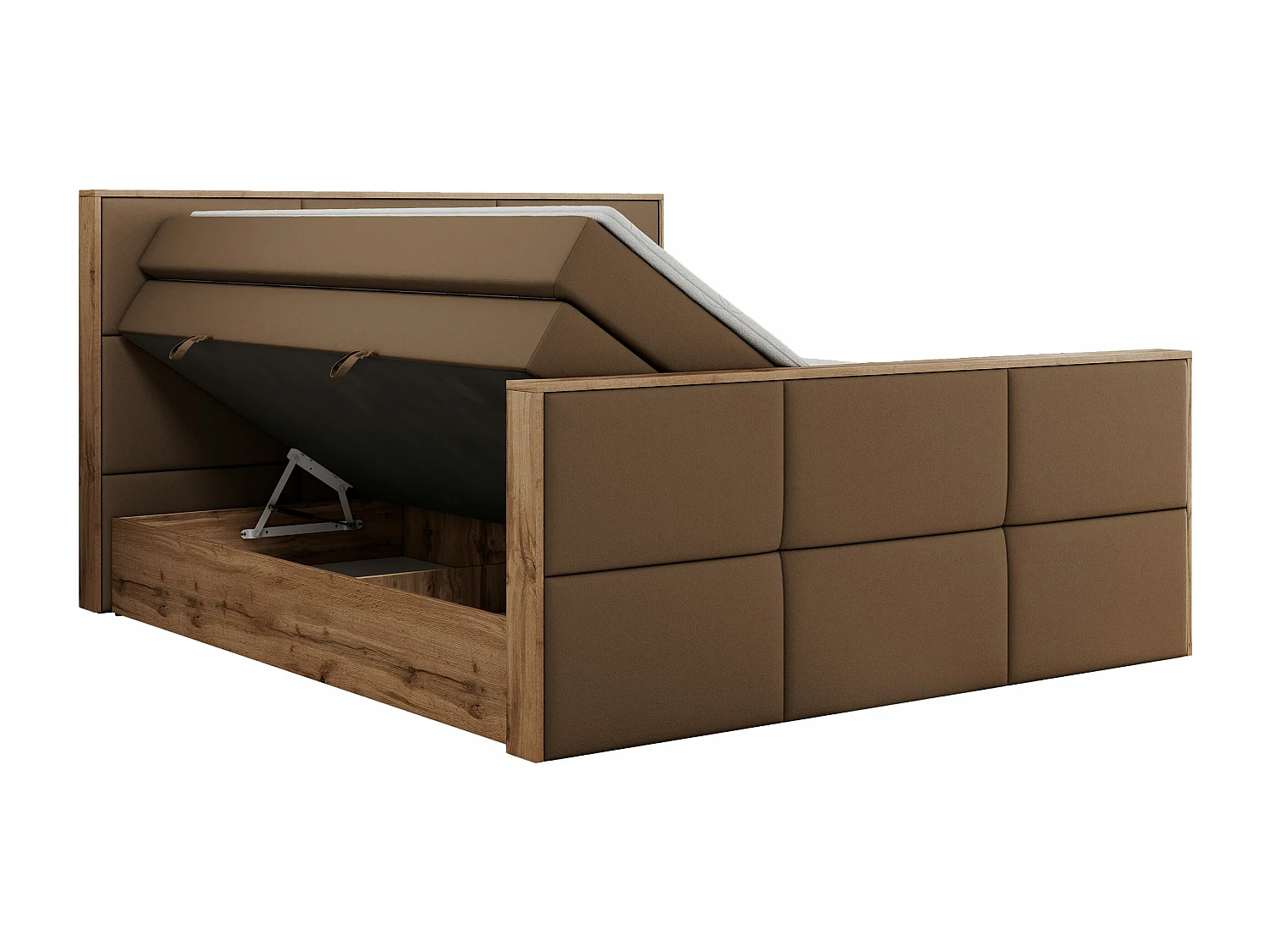 Boxspringbett ALBERO 2 KING DUO - Eiche Wotan Holzrahmen, zwei Multipocket-Matratzen, Bettkästen - 160x200 cm - H3 - Braun Kunstleder