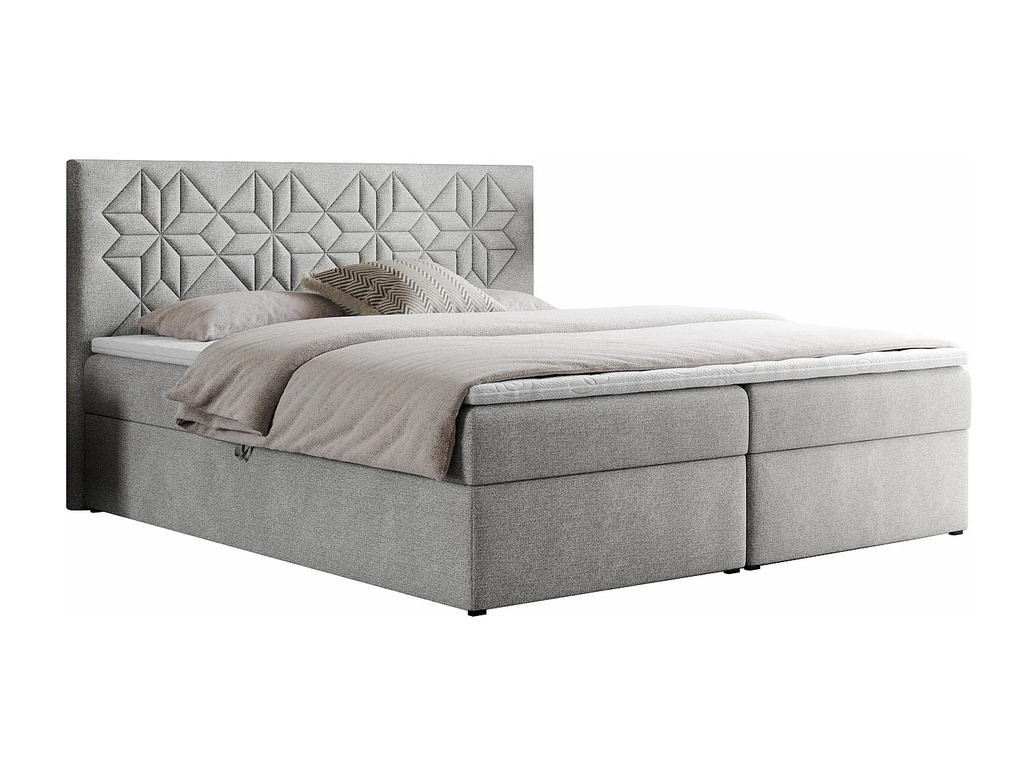 Boxspringbett LEILA - gestepptes Kopfteil,  7 Härtezonen Multipocket-Matratzen, Doppelbett mit Bettkästen - 140x200 cm - H3 - Hellgrau Strukture