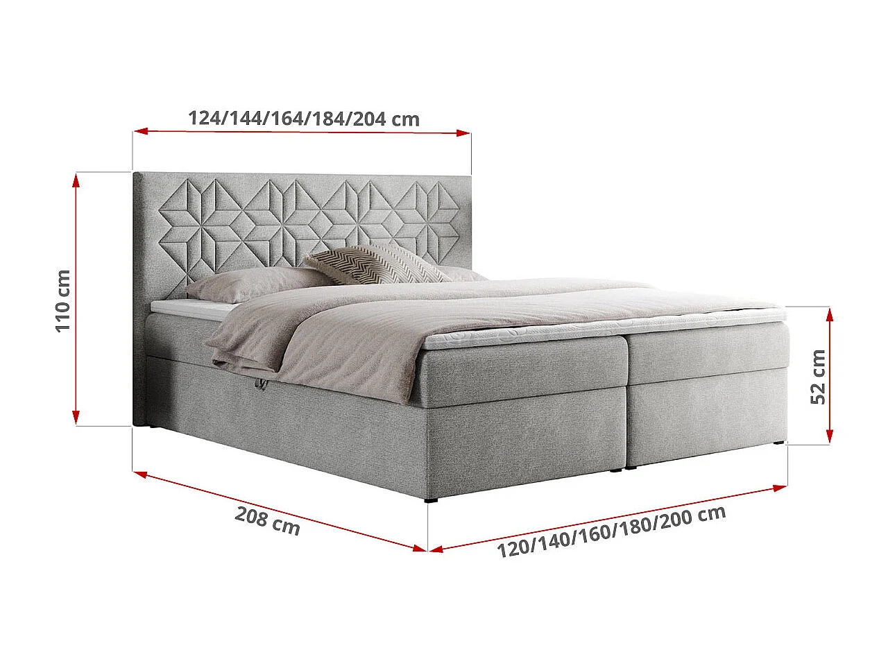 Boxspringbett LEILA - gestepptes Kopfteil,  7 Härtezonen Multipocket-Matratzen, Doppelbett mit Bettkästen - 140x200 cm - H3 - Hellgrau Strukture