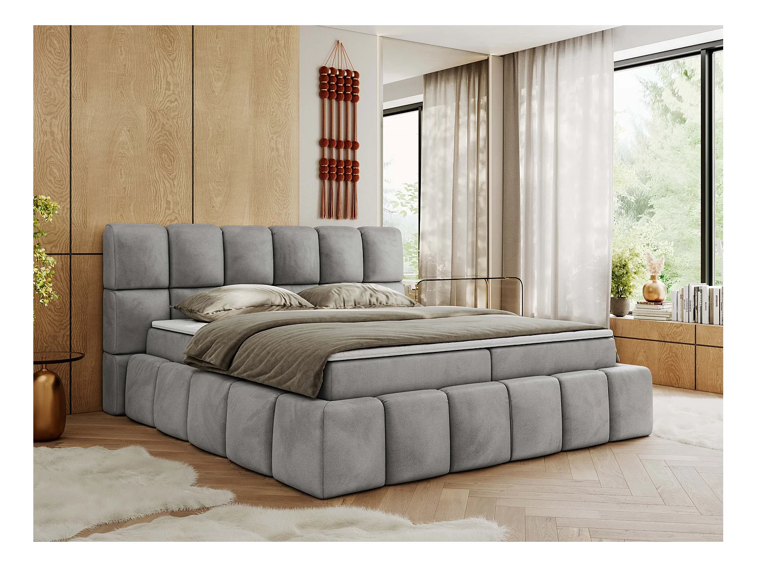 Boxspringbett NIRA - dekorativ kopfteil, Bettkästen und Multipocket-Matratze, Doppelbett für Schlafzimmer - 140x200 cm - H4 - Hellgrau Velvet