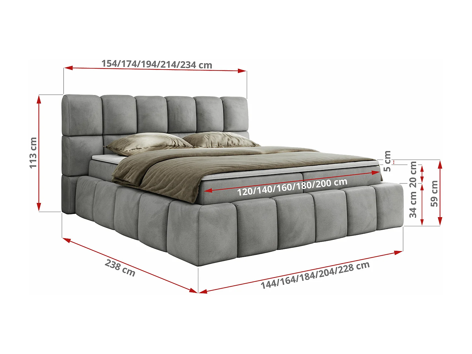 Boxspringbett NIRA - dekorativ kopfteil, Bettkästen und Multipocket-Matratze, Doppelbett für Schlafzimmer - 140x200 cm - H4 - Hellgrau Velvet