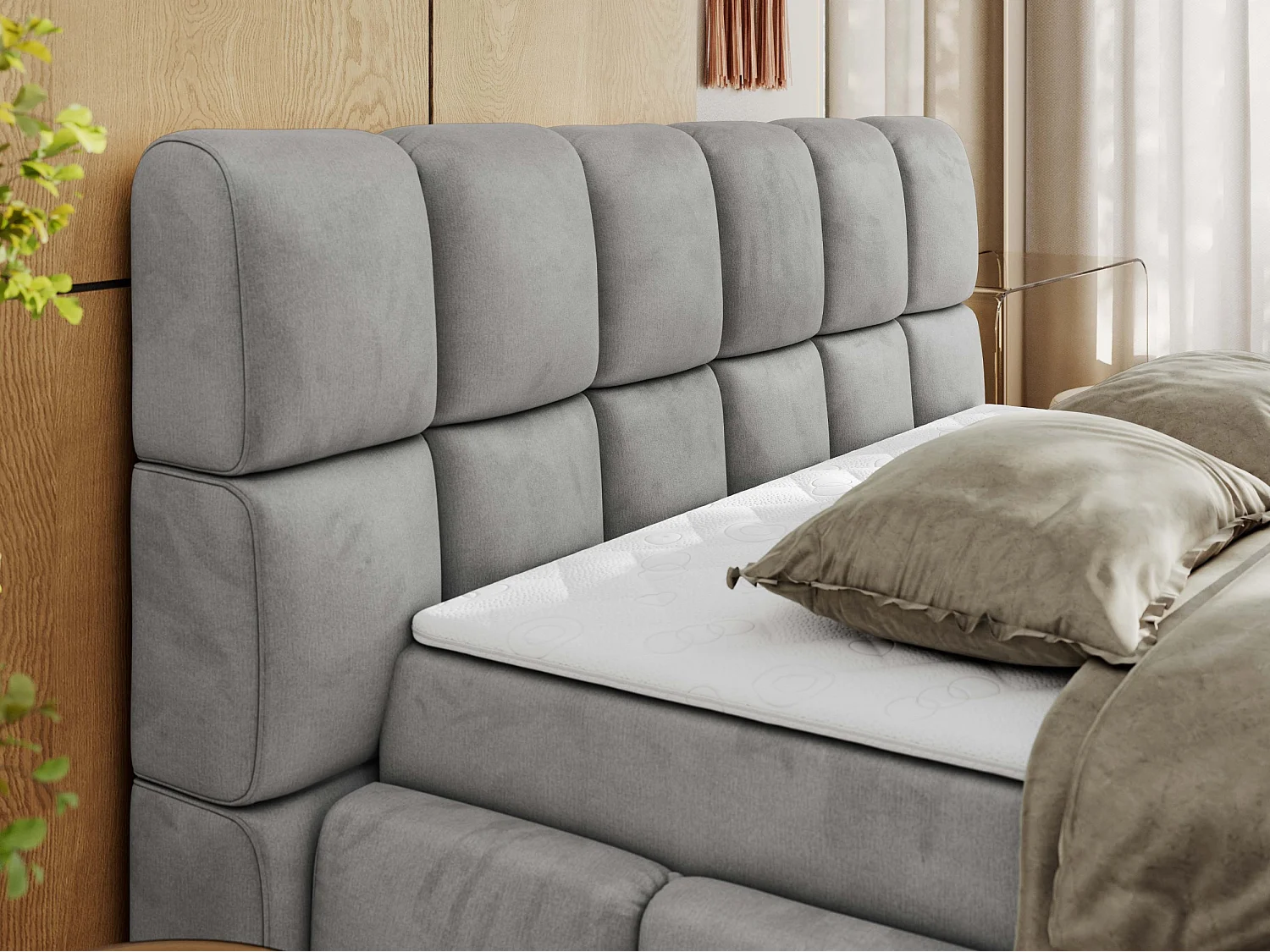 Boxspringbett NIRA - dekorativ kopfteil, Bettkästen und Multipocket-Matratze, Doppelbett für Schlafzimmer - 140x200 cm - H4 - Hellgrau Velvet