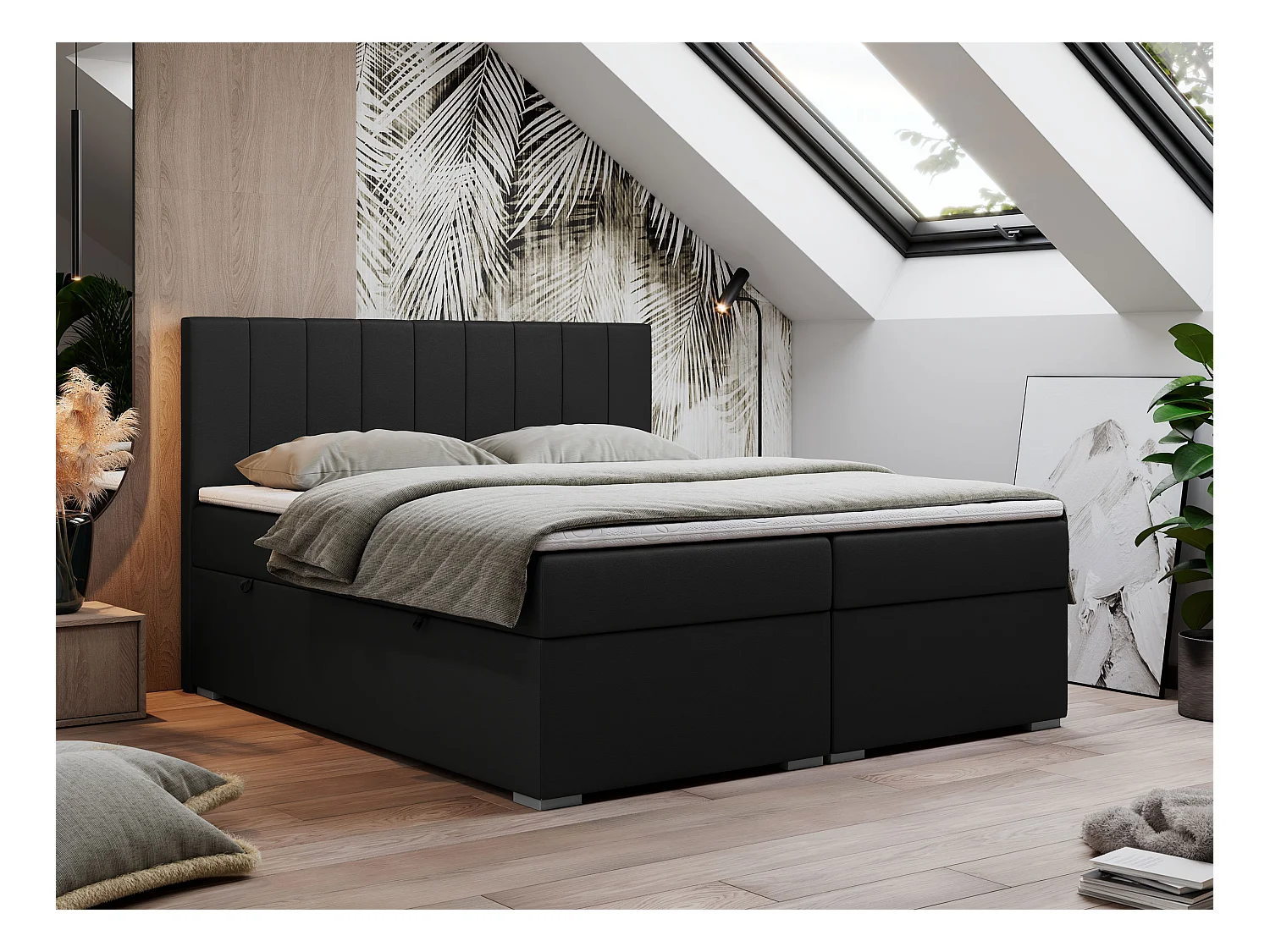 Boxspringbett LOPE - genähtes Kopfteil, Doppelbett mit Stauraum, Multipocket-Matratze, Topper - 160x200 cm - H4 - Schwarz Kunstleder