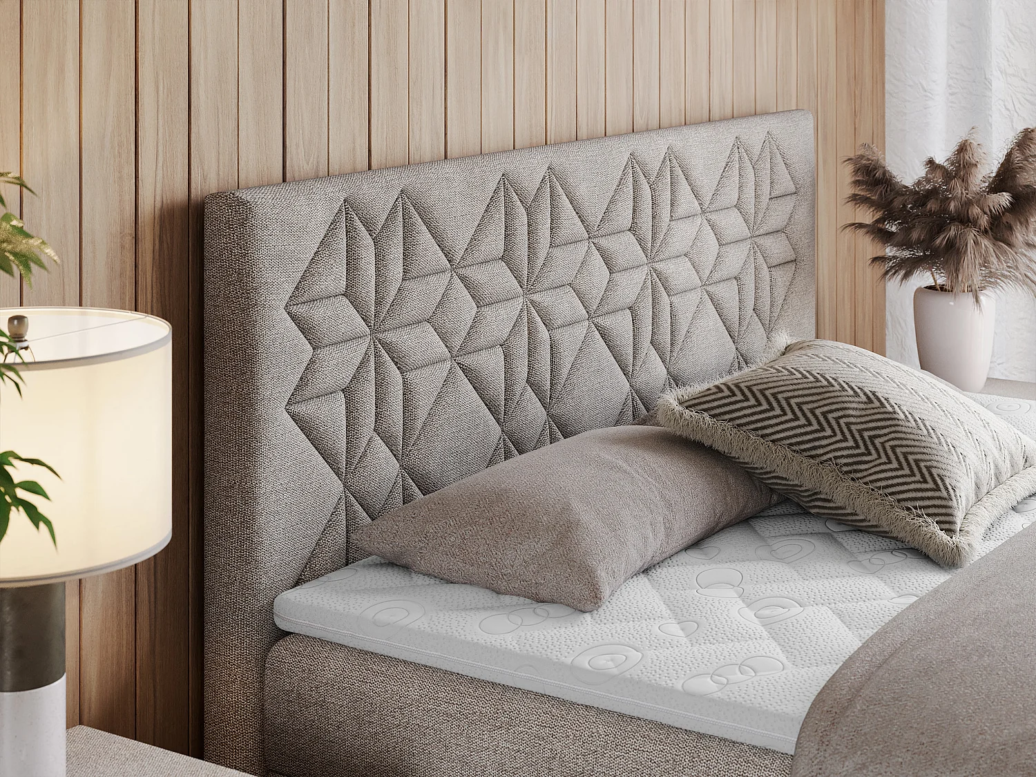 Boxspringbett LEILA - gestepptes Kopfteil,  7 Härtezonen Multipocket-Matratzen, Doppelbett mit Bettkästen - 200x200 cm - H3 - Beige Strukture