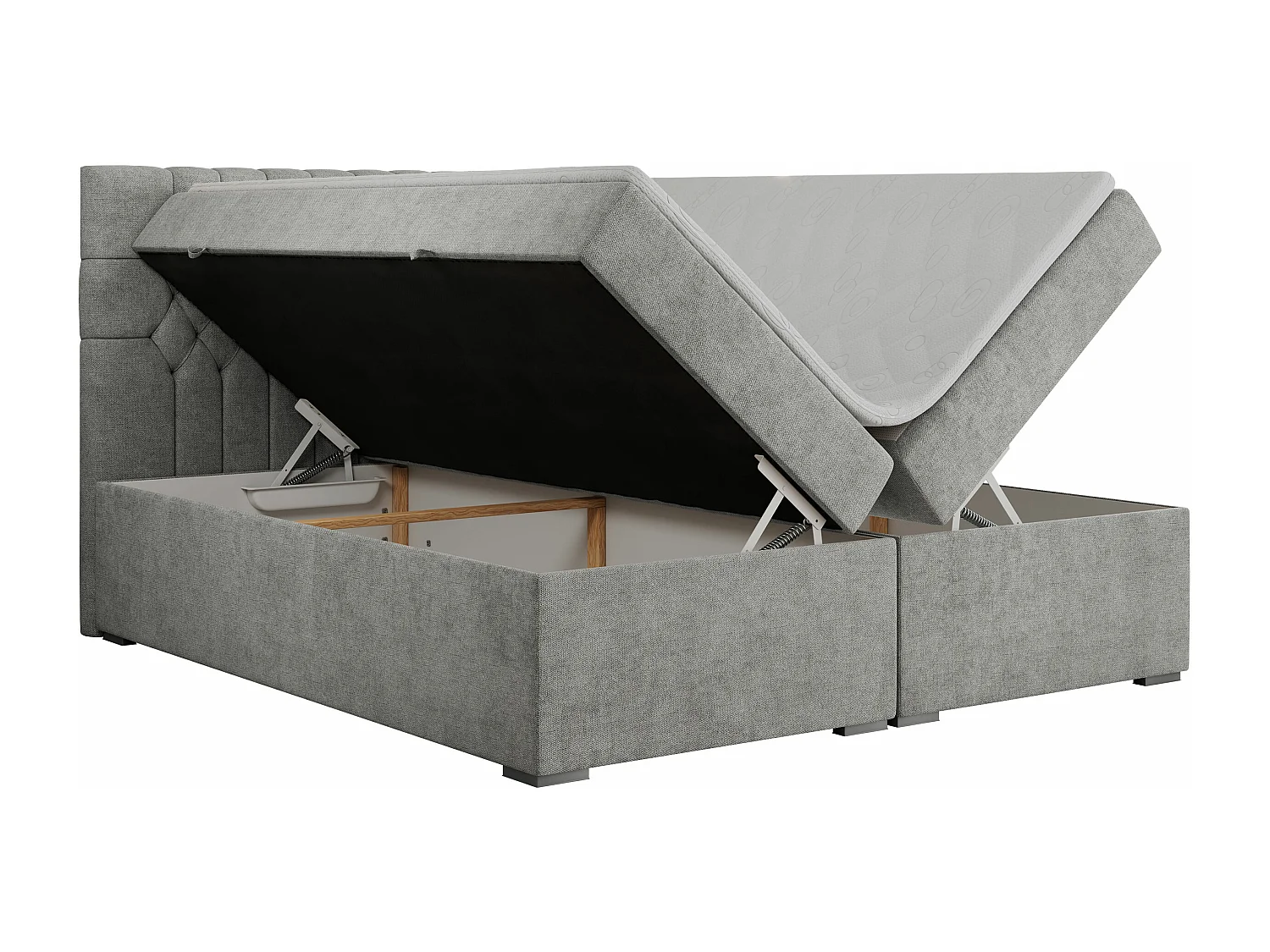 Boxspringbett PERA - gesteppte Kopfstütze, Multipocket-Matratze und Topper, Doppelbett mit Stauraum - 140x200 cm - H3 - Hellgrau Strukture