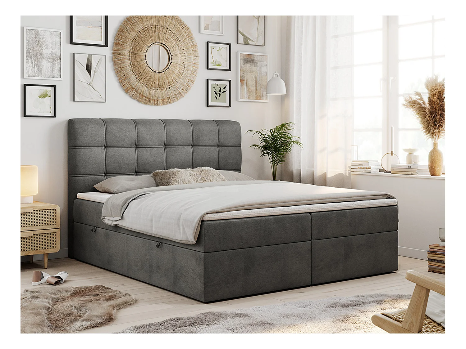 Boxspringbett FAST - Doppelbett mit Stauraum, gestepptes Kopfteil, Multipocket-Matratze - 160x200 cm - H4 - Dunkelgrau Velvet