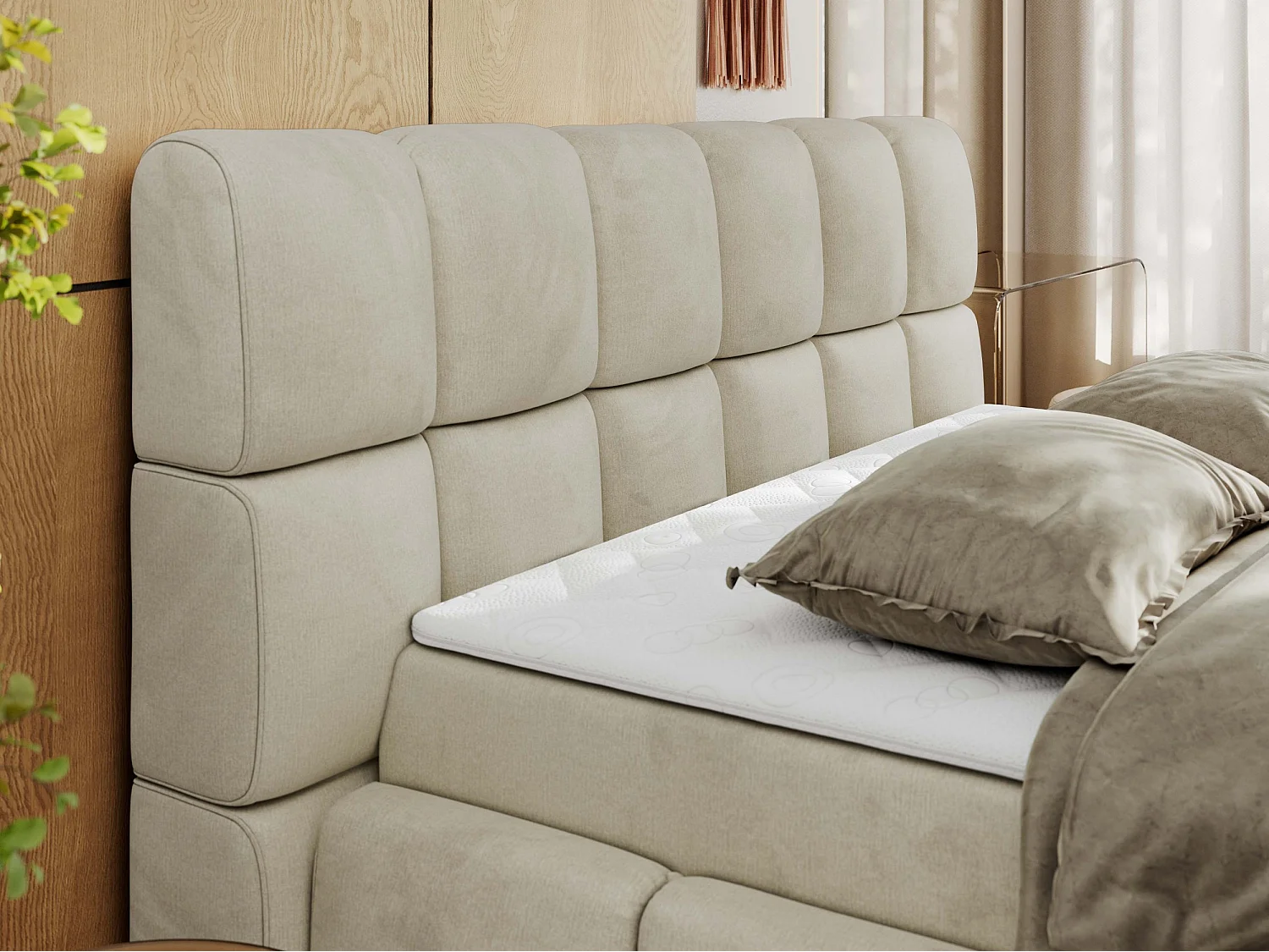 Boxspringbett NIRA - dekorativ kopfteil, Bettkästen und Multipocket-Matratze, Doppelbett für Schlafzimmer - 120x200 cm - H3 - Beige Velvet