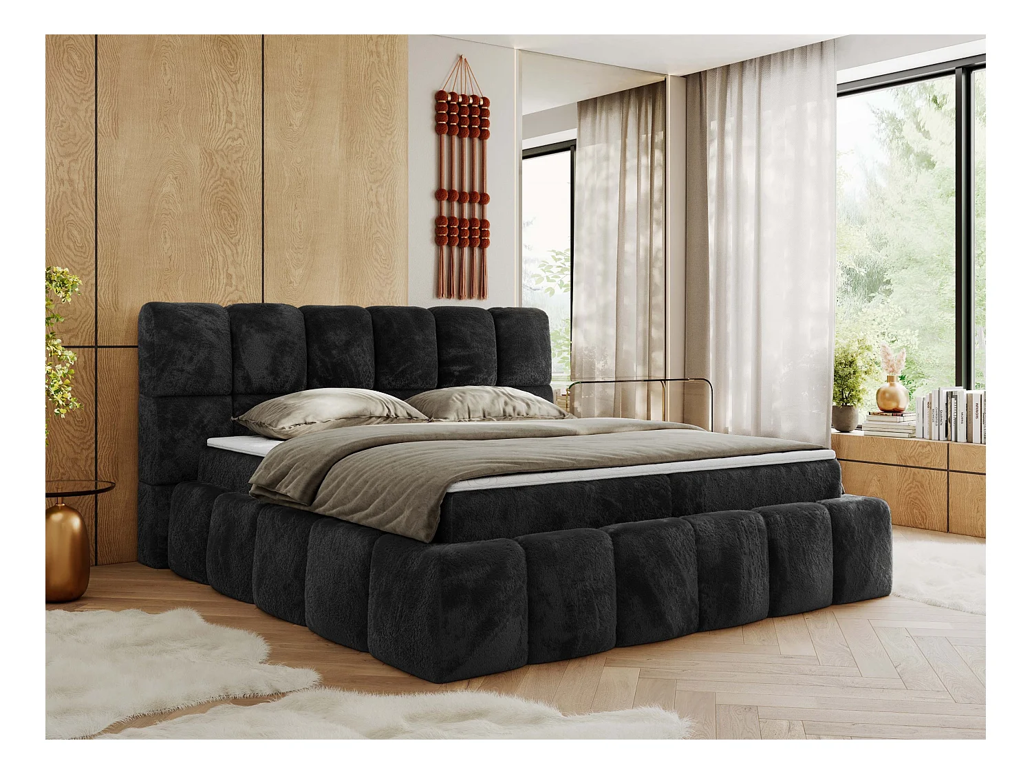 Boxspringbett NIRA - dekorativ kopfteil, Bettkästen und Multipocket-Matratze, Doppelbett für Schlafzimmer - 200x200 cm - H4 - Dunkelgrau Plüsch