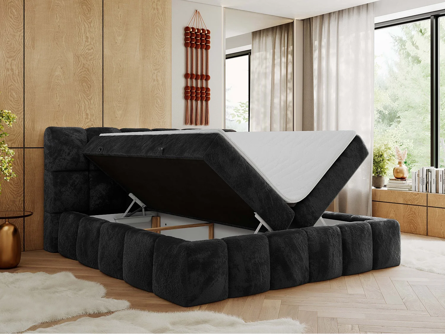 Boxspringbett NIRA - dekorativ kopfteil, Bettkästen und Multipocket-Matratze, Doppelbett für Schlafzimmer - 200x200 cm - H4 - Dunkelgrau Plüsch