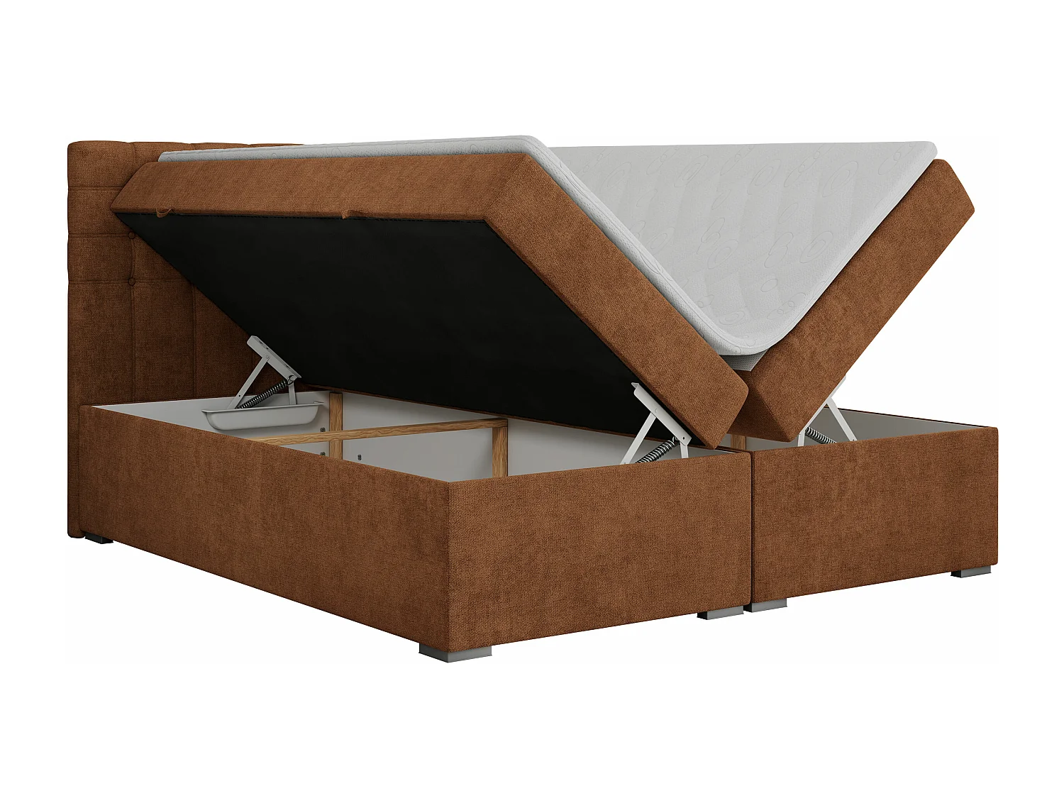 Boxspringbett SUSAN - mit gestepptem Kopfteil, zwei Bettkästen und Topper, gepolstertes Schlafzimmerbett - 120x200 cm - H4 - Orange Stukture
