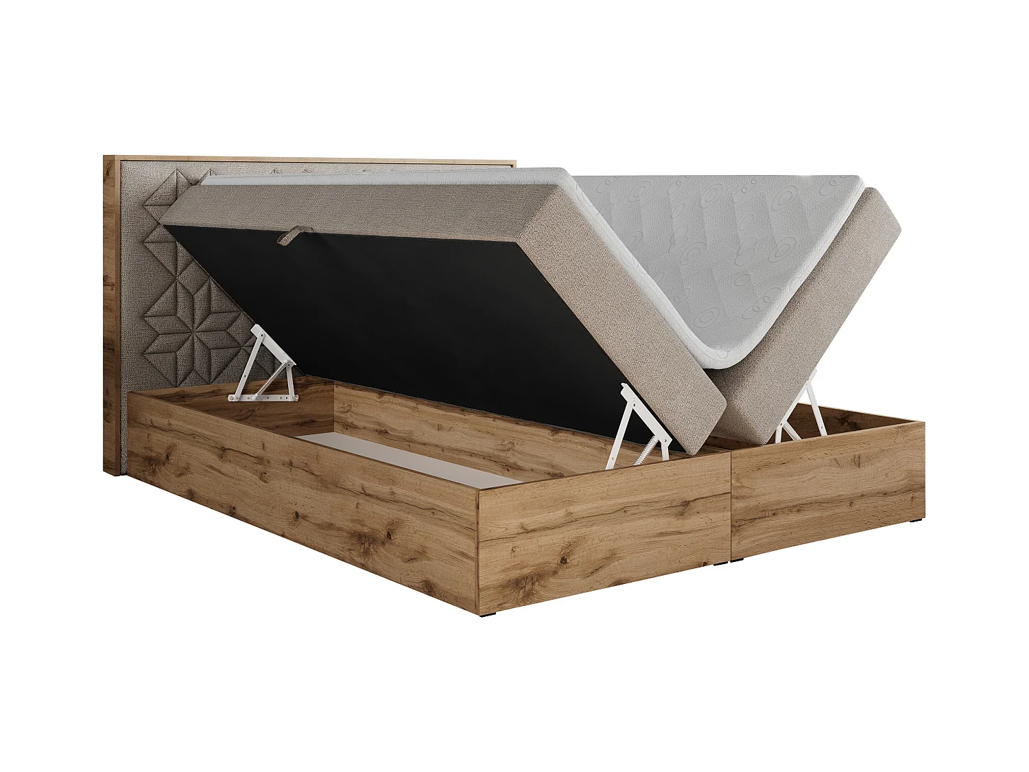 Boxspringbett NESSI - mit hoher Kopfstütze, Multipocket-Matratze und Topper, Doppelbett mit Bettkästen - 200x200 cm - H3 - Beige Strukture