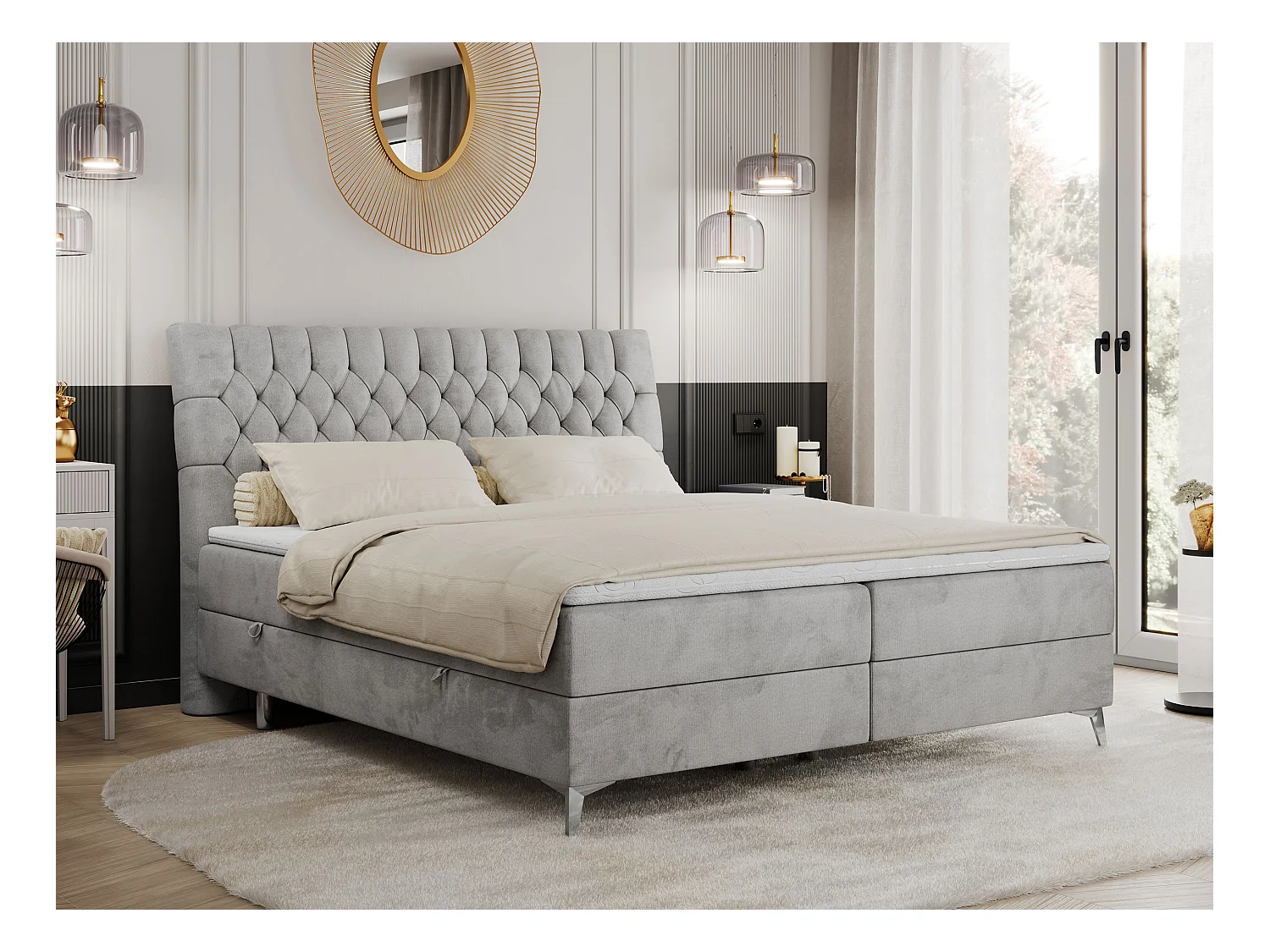 Boxspringbett MILEN - gepolstertes Schlafzimmerbett, zwei Multipocket-Matratze, dekorative hohe Beine - 180x200 cm - H4 - Hellgrau Velvet