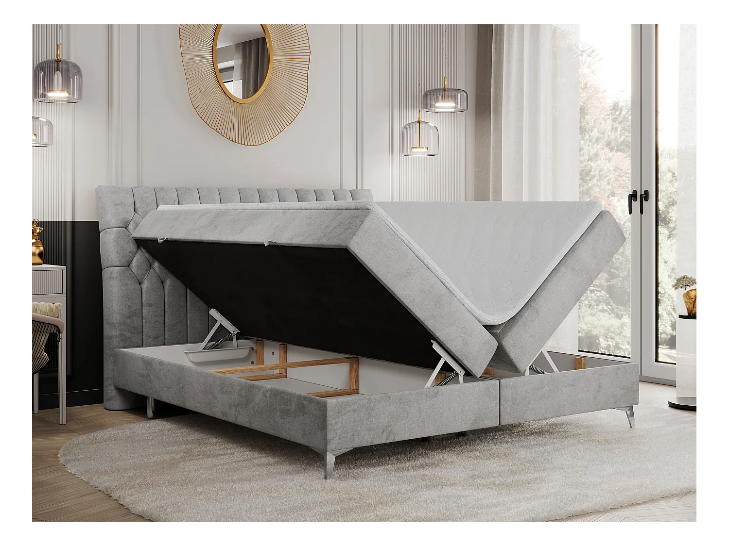 Boxspringbett MILEN - gepolstertes Schlafzimmerbett, zwei Multipocket-Matratze, dekorative hohe Beine - 180x200 cm - H4 - Hellgrau Velvet