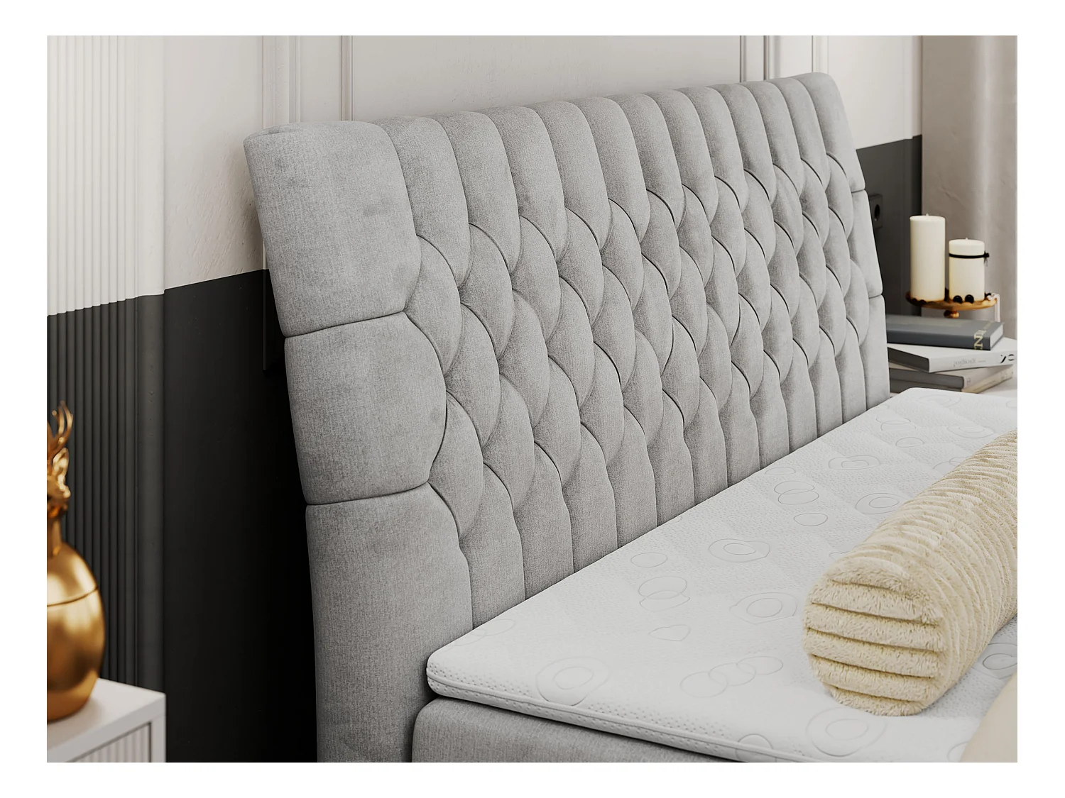 Boxspringbett MILEN - gepolstertes Schlafzimmerbett, zwei Multipocket-Matratze, dekorative hohe Beine - 180x200 cm - H4 - Hellgrau Velvet