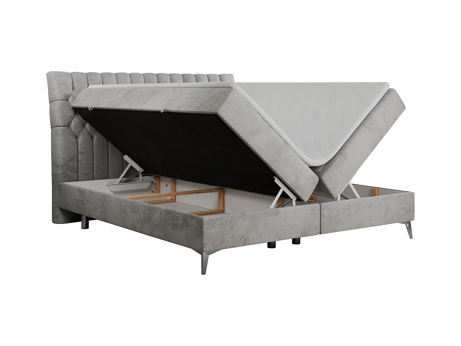 Boxspringbett MILEN - gepolstertes Schlafzimmerbett, zwei Multipocket-Matratze, dekorative hohe Beine - 180x200 cm - H4 - Hellgrau Velvet