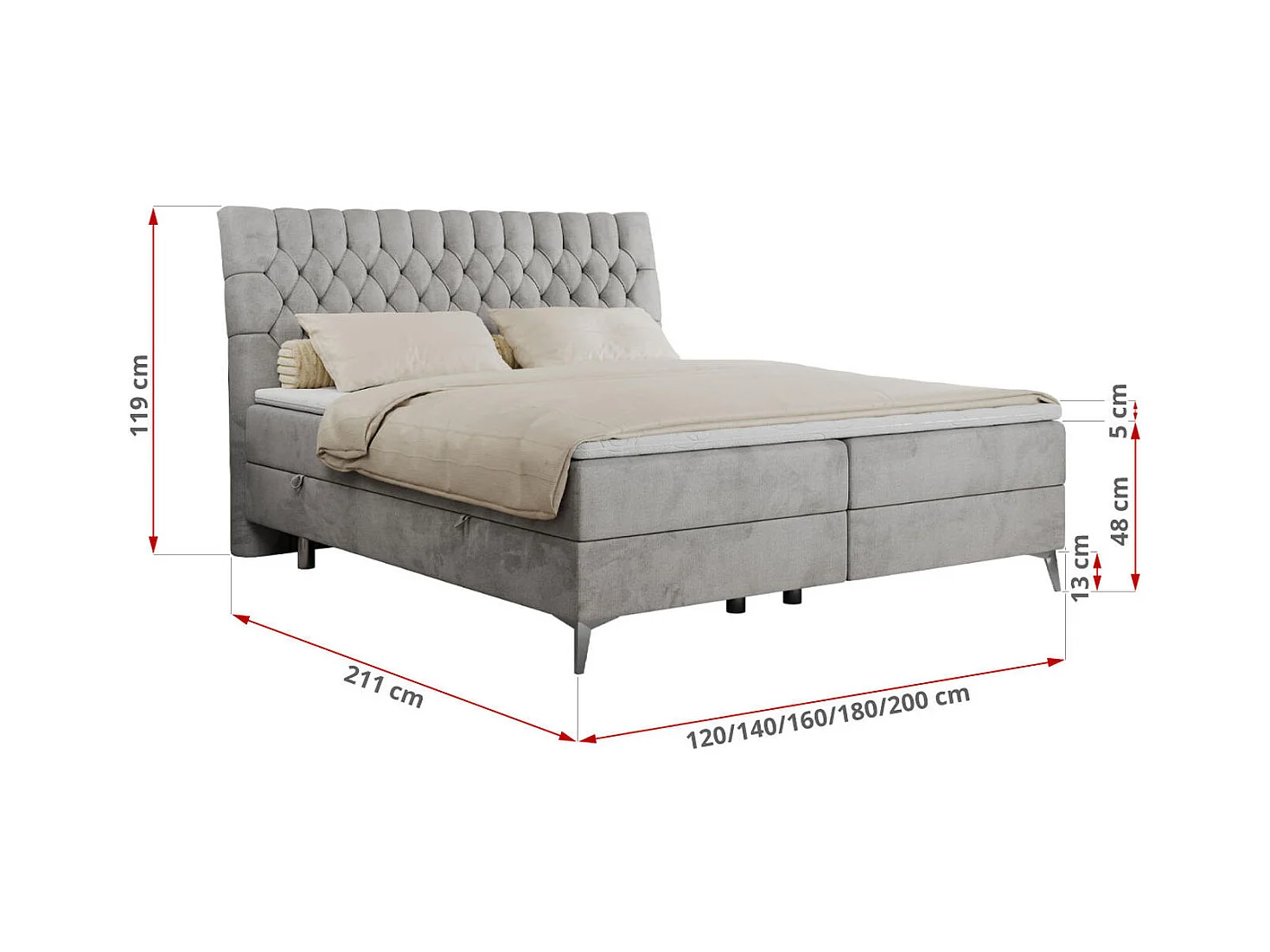 Boxspringbett MILEN - gepolstertes Schlafzimmerbett, zwei Multipocket-Matratze, dekorative hohe Beine - 180x200 cm - H4 - Hellgrau Velvet
