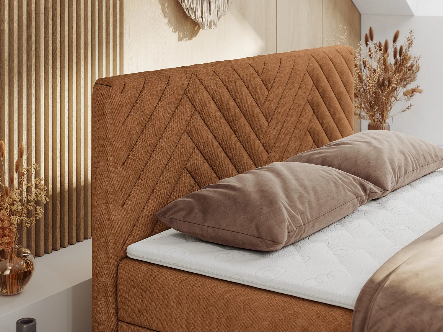 Boxspringbett PARIS DUO - Polsterbett mit genähtem Kopfteil und Frontplatte, Doppelbett, zwei Bettkästen - 140x200 cm - H3 - Orange Strukture