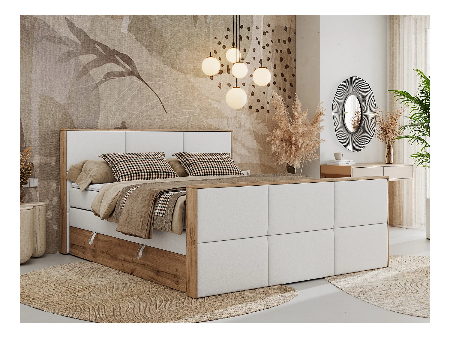 Boxspringbett ALBERO 2 KING DUO - Eiche Wotan Holzrahmen, zwei Multipocket-Matratzen, Bettkästen - 140x200 cm - H3 - Weiß Kunstleder