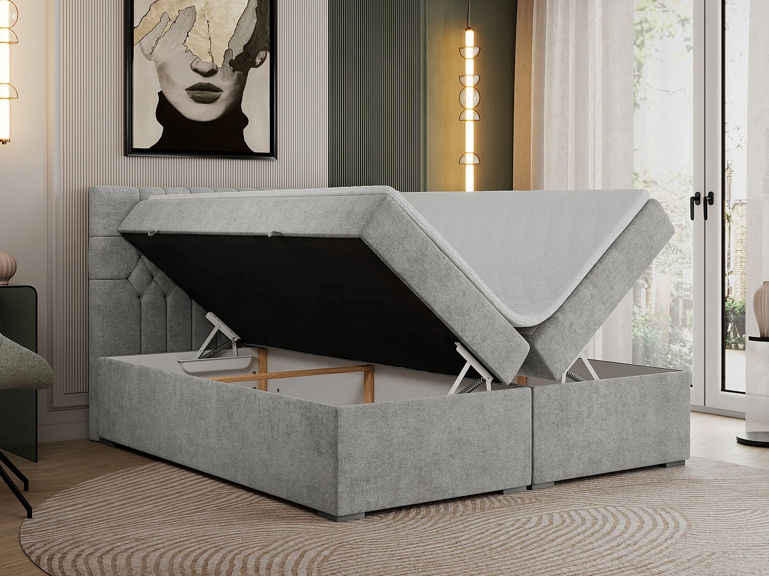 Boxspringbett PERA - gesteppte Kopfstütze, Multipocket-Matratze und Topper, Doppelbett mit Stauraum - 120x200 cm - H4 - Hellgrau Strukture