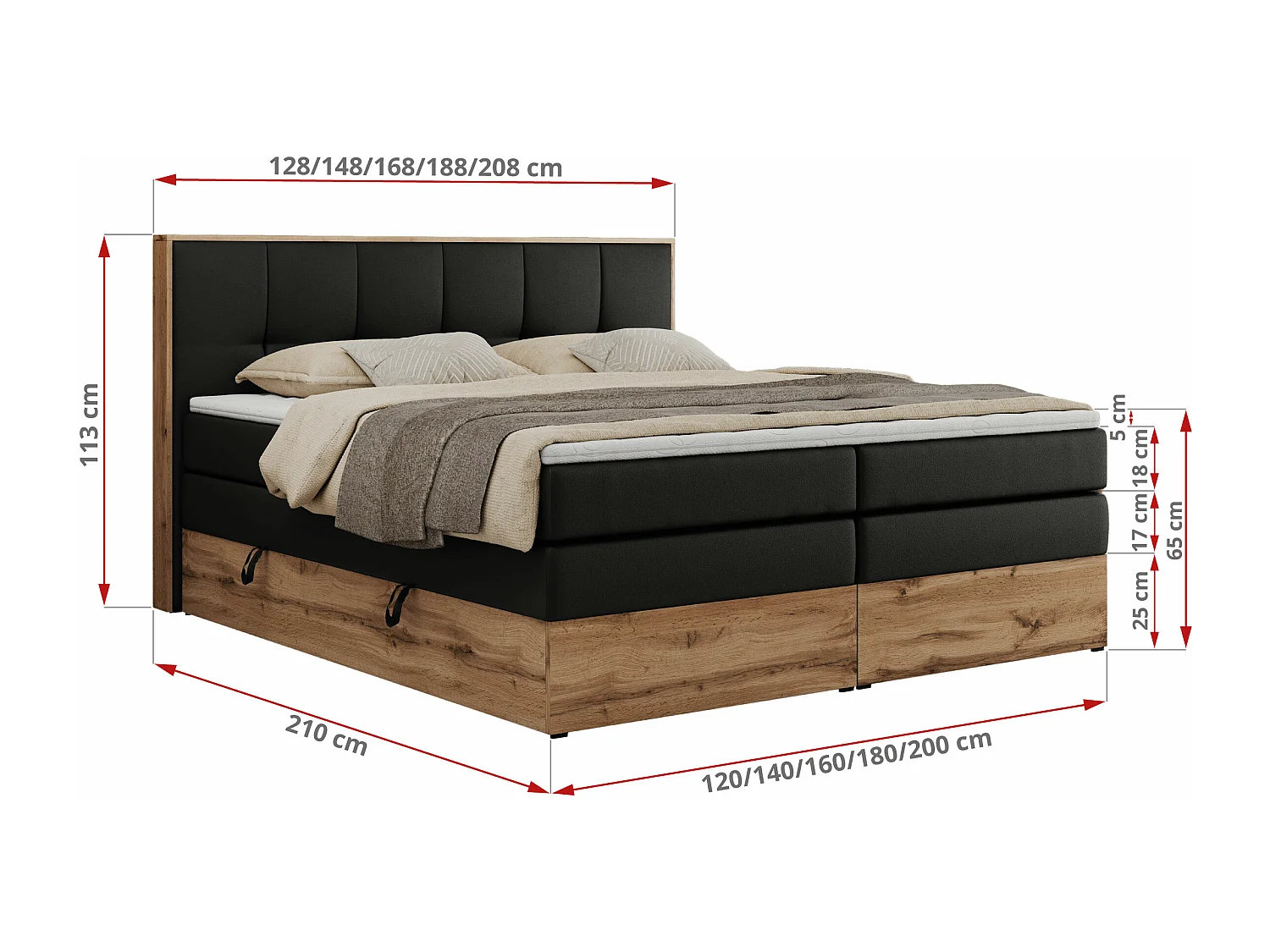 Boxspringbett ALBERO 1 KING - zwei 7 Härtezonen Multipocket-Matratzen, Doppelbett mit Stauraum, Eiche Wotan Holzrahmen - 160x200 cm - H4 - Schwarz Kunstleder