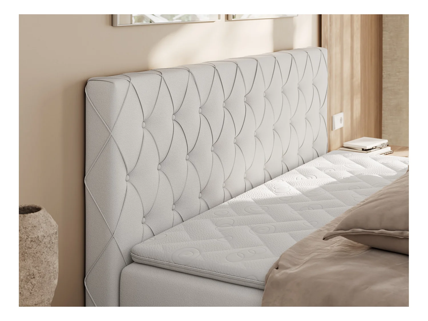 Boxspringbett MIREN DUO - mit gestepptem Kopfteil und Front, Multipocket-Matratze, zwei Bettkästen - 140x200 cm - H4 - Weiß Kunstleder