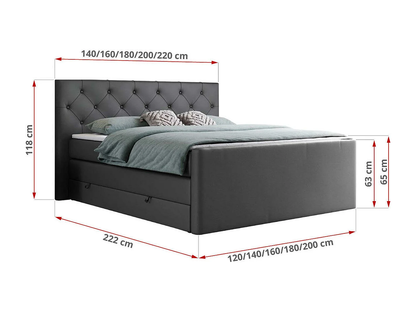 Boxspringbett VELEN KING - Doppelbett mit gestepptem Kopfteil, zwei Multipocket-Matratzen, Polsterbett mit Kopfstütze - 200x200 cm - H4 - Dunkelgrau Kunstleder
