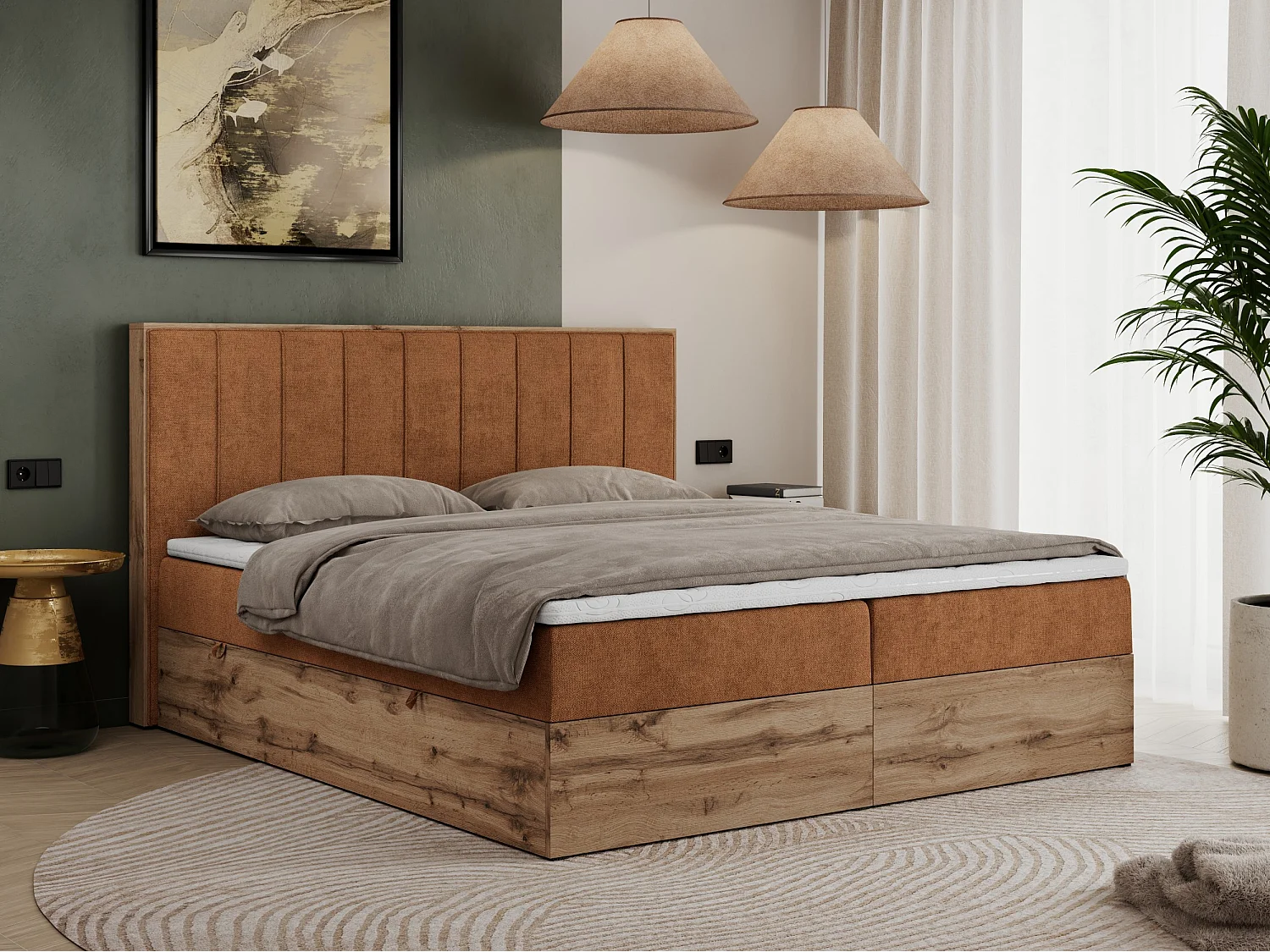 Boxspringbett BELLISSIMO - mit gestepptem Kopfteil, Polsterbett mit zwei Bettkästen, Multipocket-Matratze - 160x200 cm - H4 - Orange Strukture