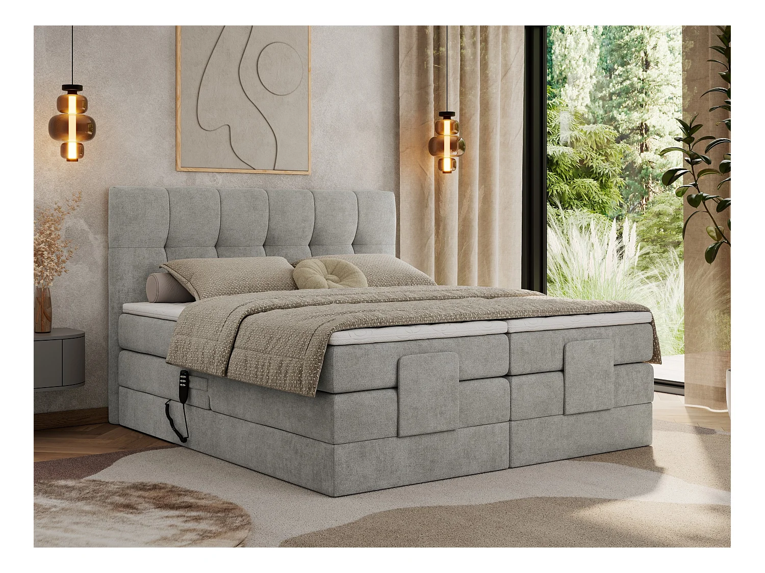 Boxspringbett VITTORIA - mit gestepptem Kopfteil, elektrischem Untergestell, Multipocket-Matratze - 180x200 cm - H4 - Hellgrau Strukture