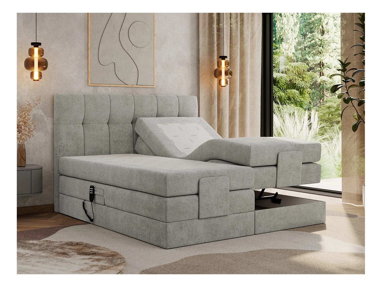 Boxspringbett VITTORIA - mit gestepptem Kopfteil, elektrischem Untergestell, Multipocket-Matratze - 180x200 cm - H4 - Hellgrau Strukture