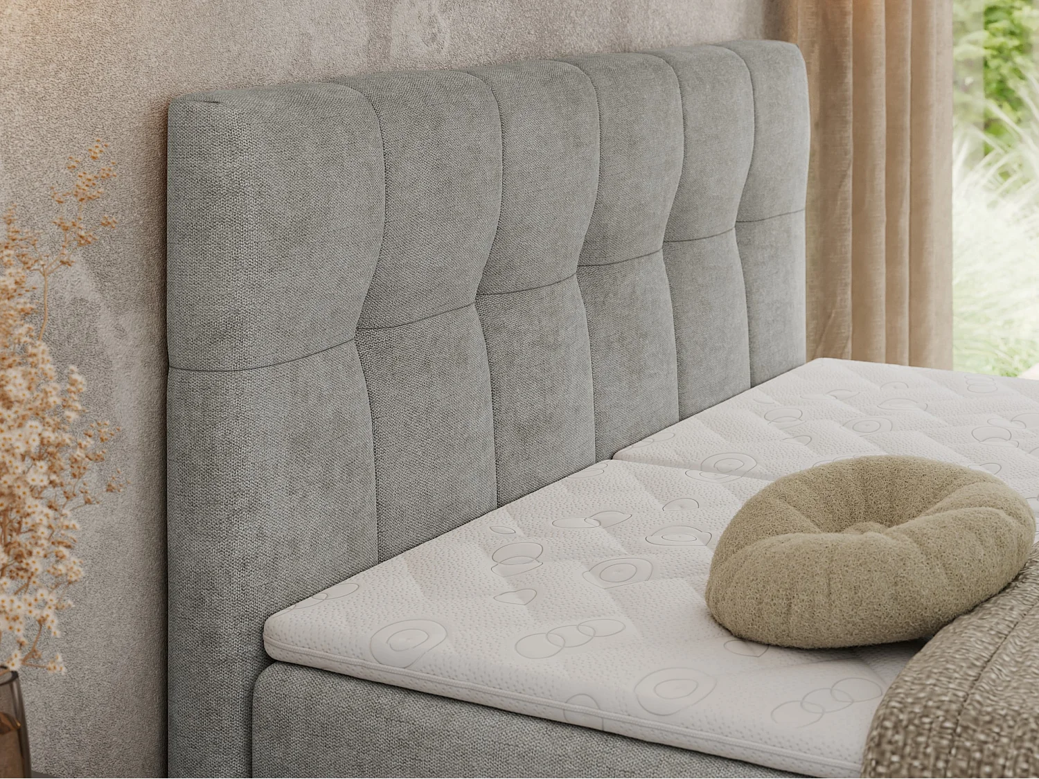 Boxspringbett VITTORIA - mit gestepptem Kopfteil, elektrischem Untergestell, Multipocket-Matratze - 180x200 cm - H4 - Hellgrau Strukture