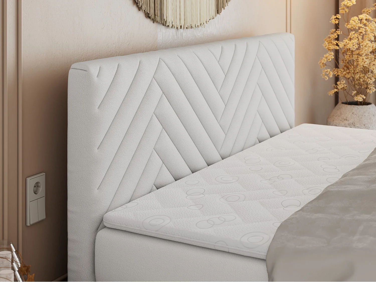 Boxspringbett PARIS KING DUO - dekorative Kopfstütze und Front, zwei Multipocket-Matratze mit Topper - 180x200 cm - H4 - Weiß Kunstleder