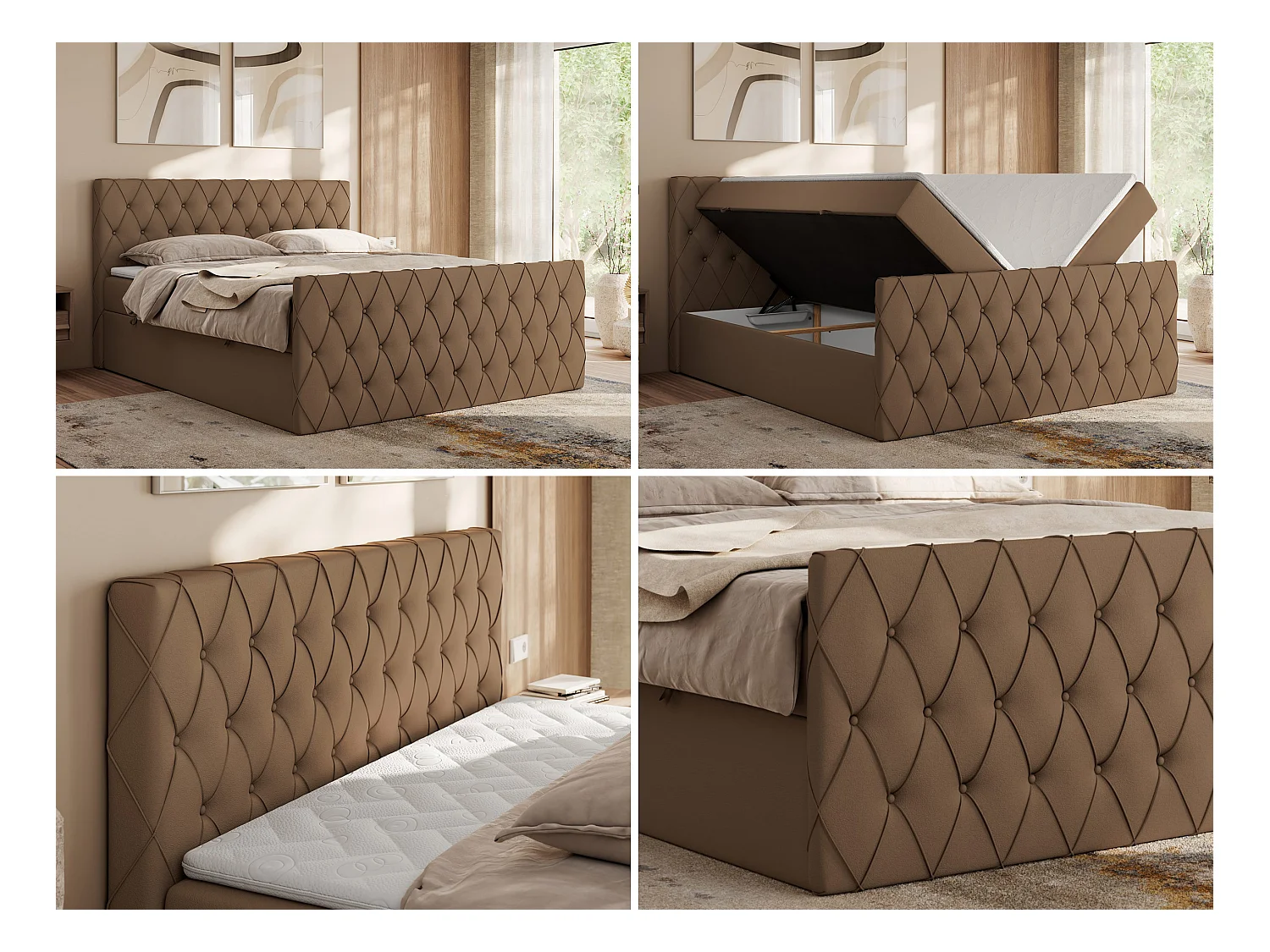 Boxspringbett MIREN DUO - mit gestepptem Kopfteil und Front, Multipocket-Matratze, zwei Bettkästen - 200x200 cm - H3 - Braun Kunstleder