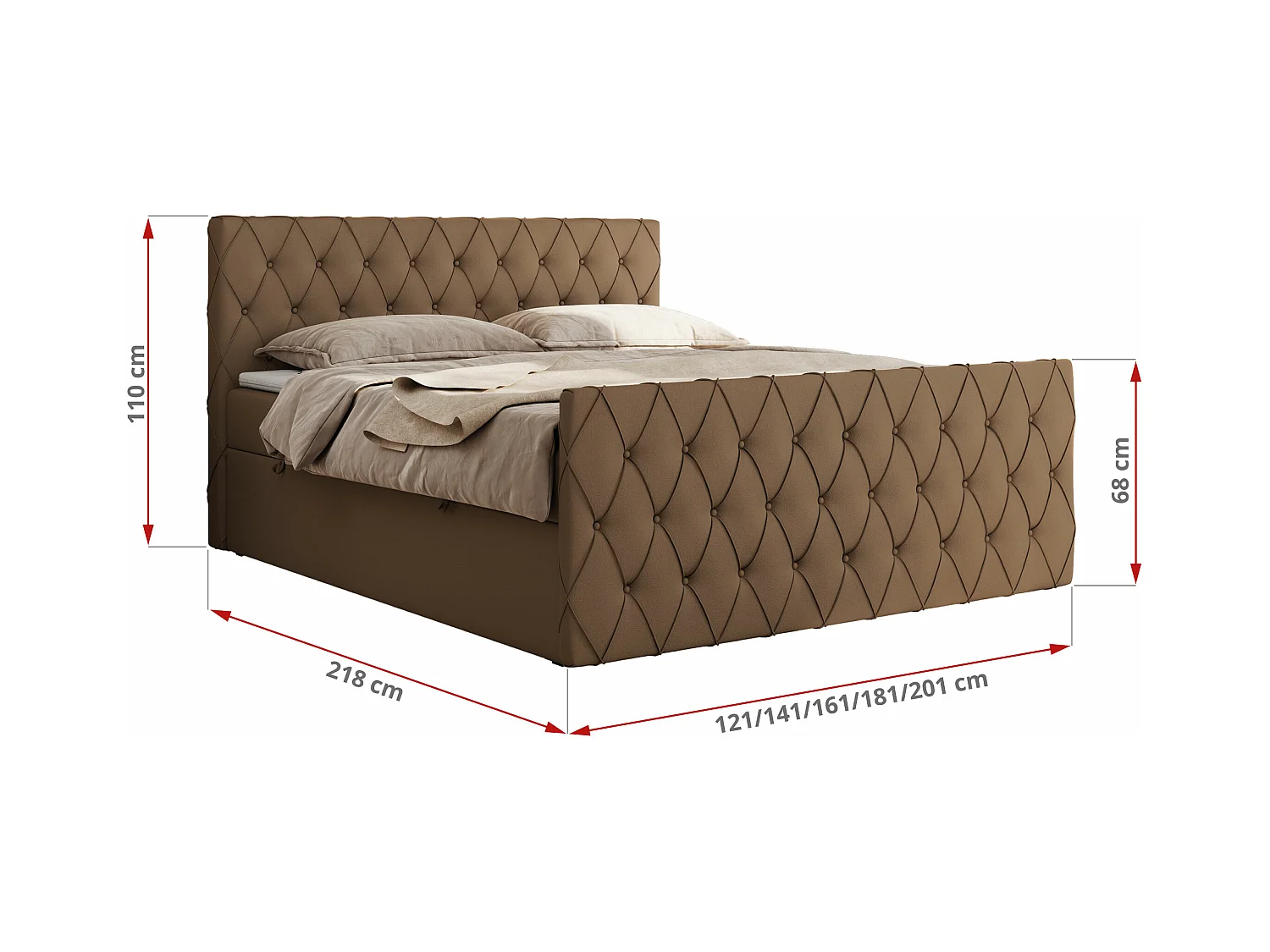 Boxspringbett MIREN DUO - mit gestepptem Kopfteil und Front, Multipocket-Matratze, zwei Bettkästen - 200x200 cm - H3 - Braun Kunstleder