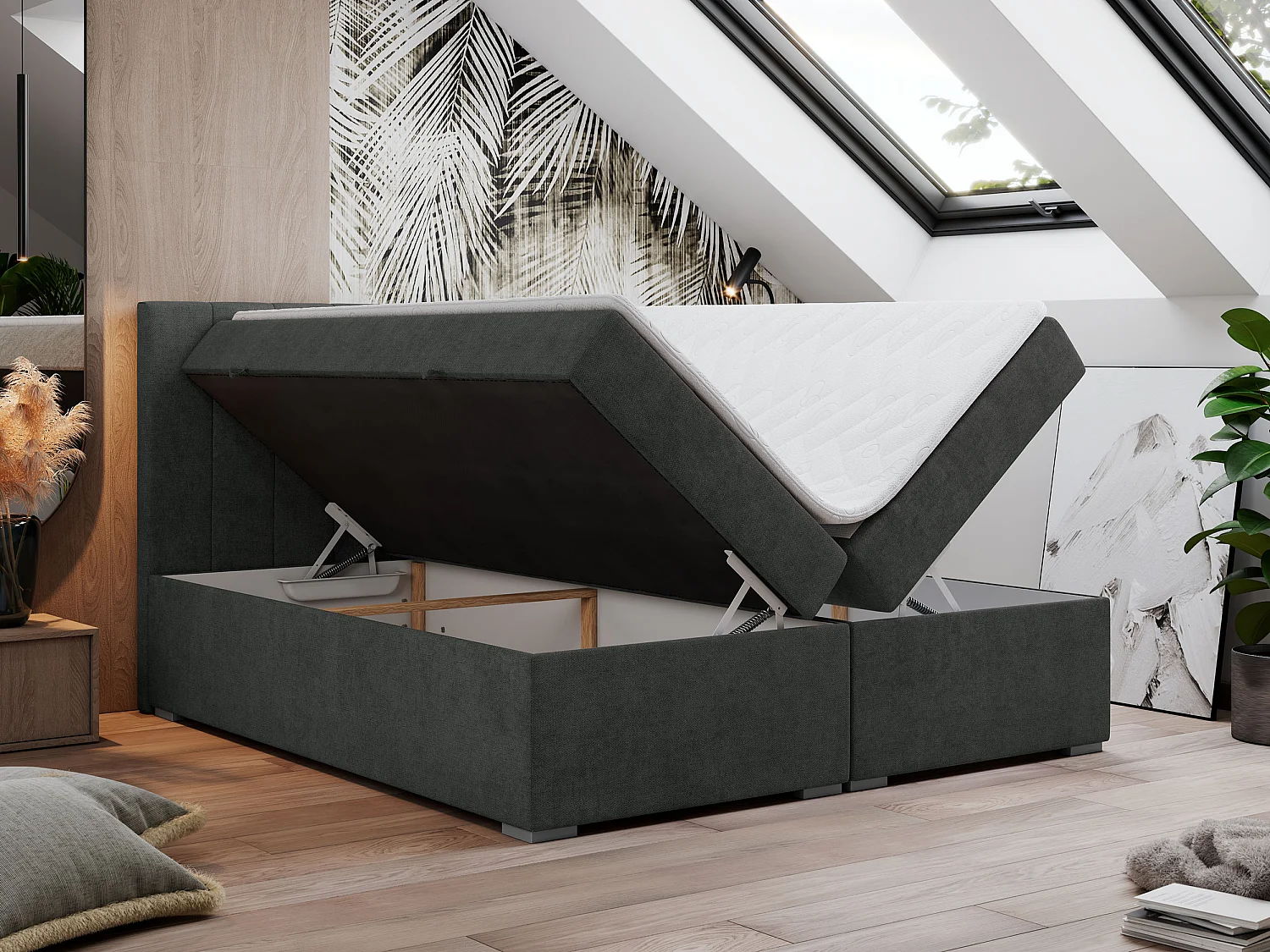 Boxspringbett LOPE - genähtes Kopfteil, Doppelbett mit Stauraum, Multipocket-Matratze, Topper - 180x200 cm - H3 - Dunkelgrau Strukture