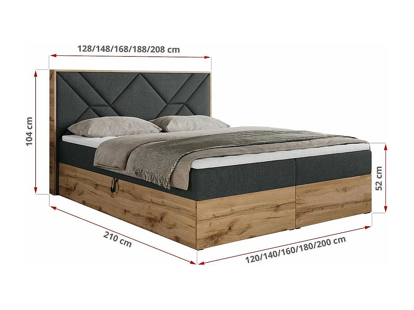 Boxspringbett GUNAR - gepolster kopfteil, Doppelbett mit Multipocket-Matratze, zwei Bettkästen - 120x200 cm - H3 - Dunkelgrau Strukture