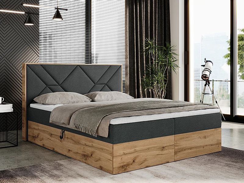 Boxspringbett GUNAR - gepolster kopfteil, Doppelbett mit Multipocket-Matratze, zwei Bettkästen - 120x200 cm - H3 - Dunkelgrau Strukture